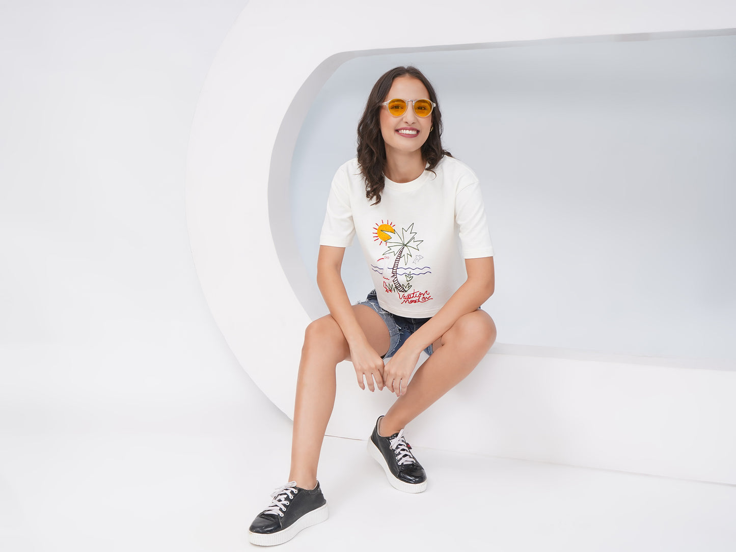 Off-White Embroidered Oversized Crop Top-KWCT001