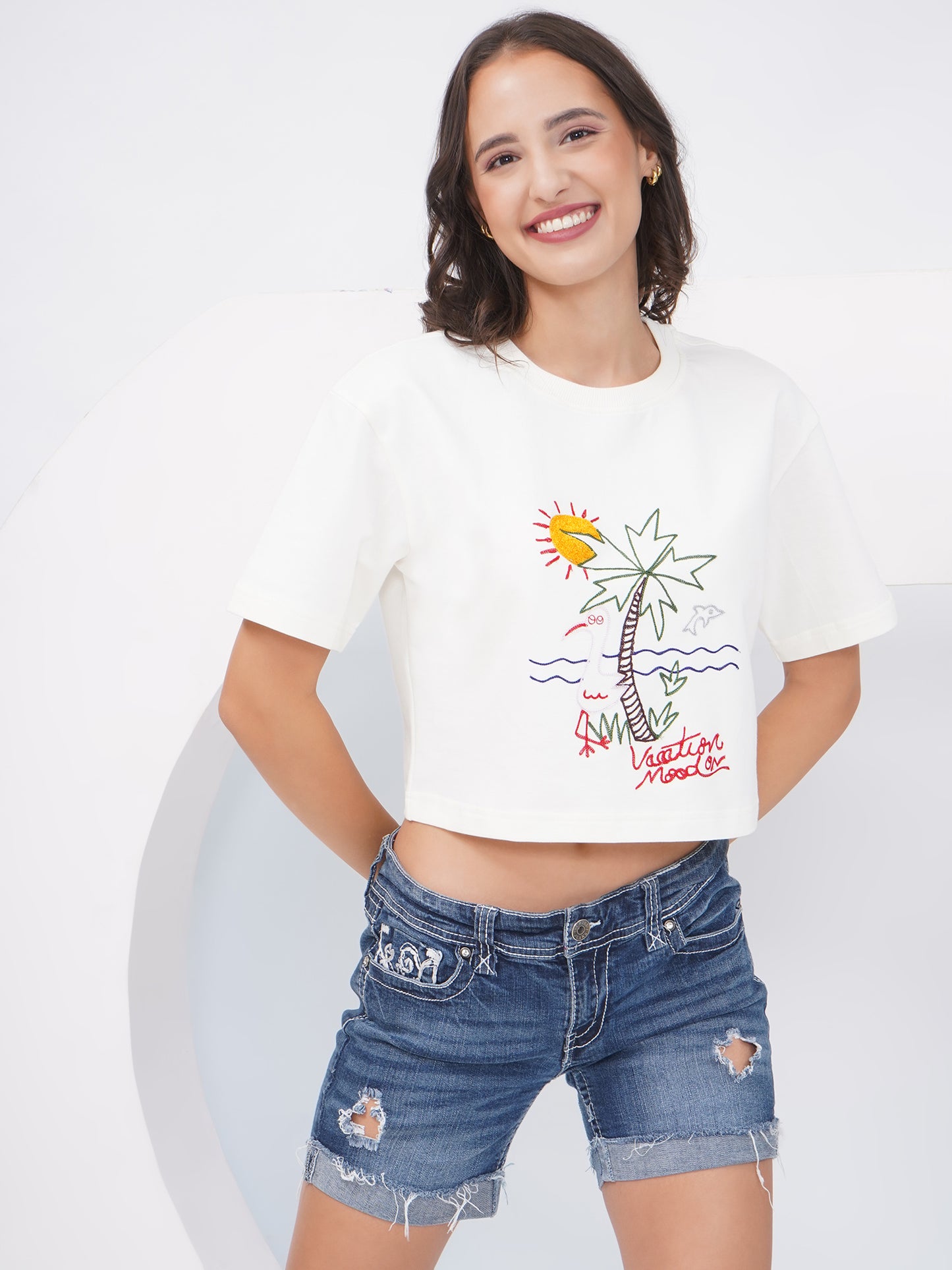 Off-White Embroidered Oversized Crop Top-KWCT001