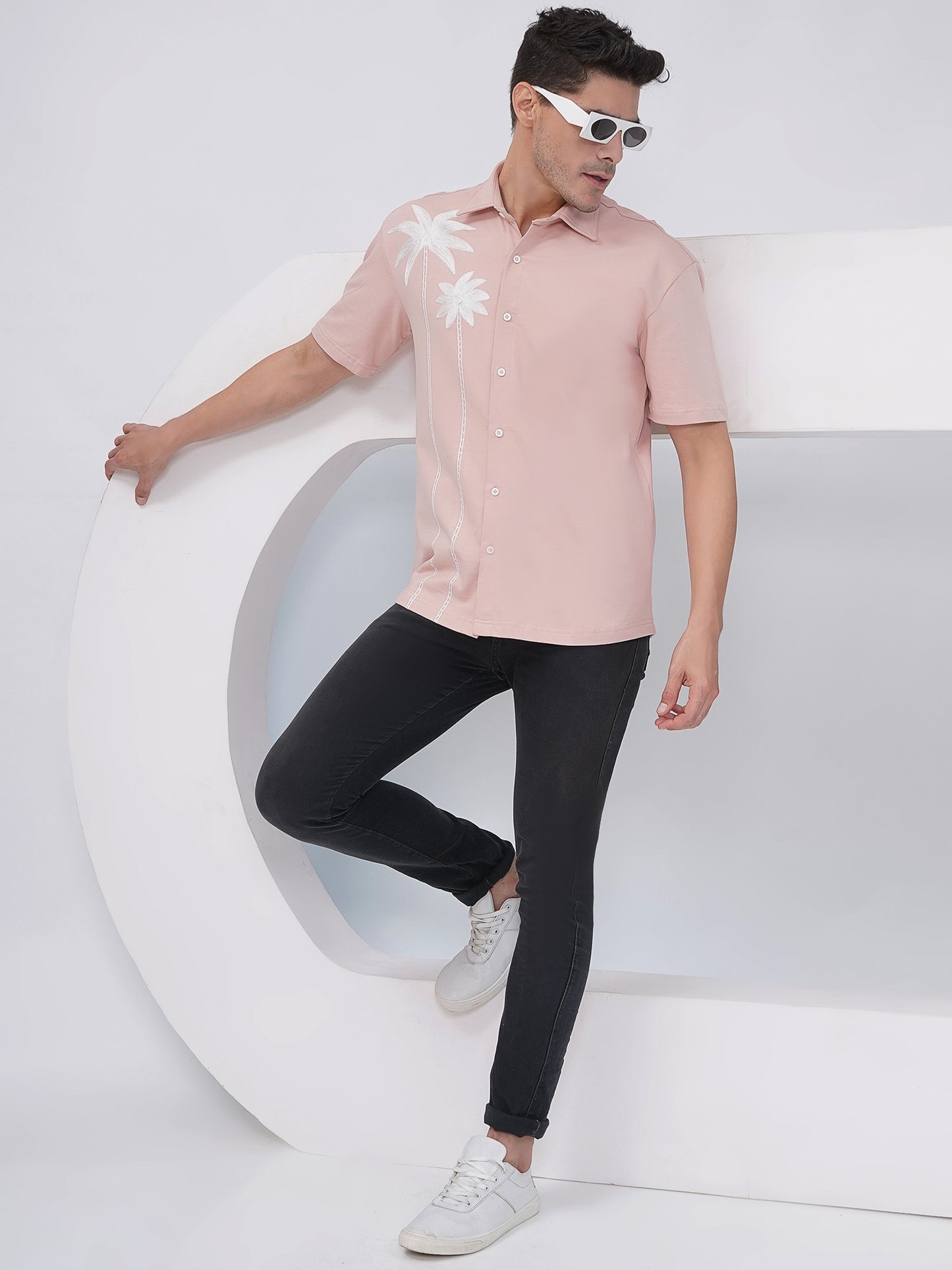 Men's Relaxed Fit Dusty Pink Palm Tree Embroidered Shirt- KMS005