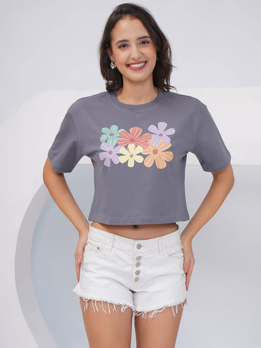Grey Oversized Multicolor Floral Graphic Crop Top- KWCT006