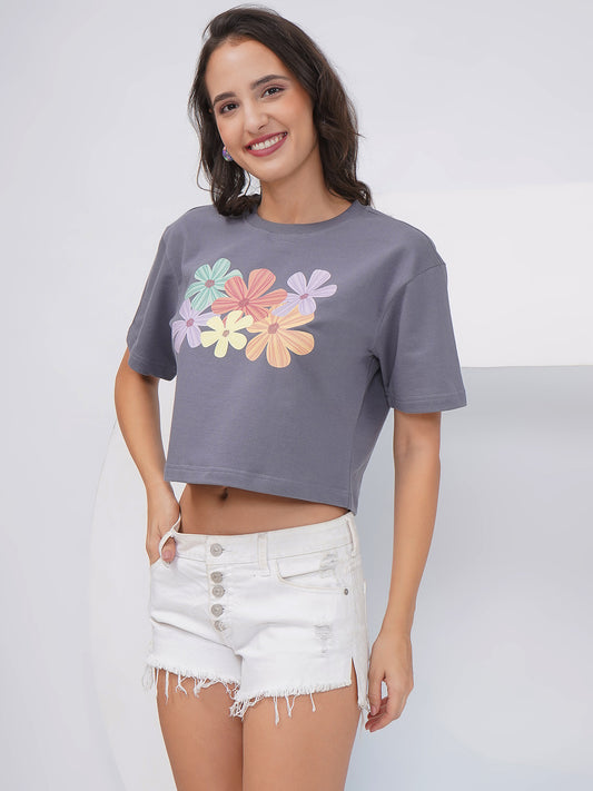 Grey Oversized Multicolor Floral Graphic Crop Top- KWCT006