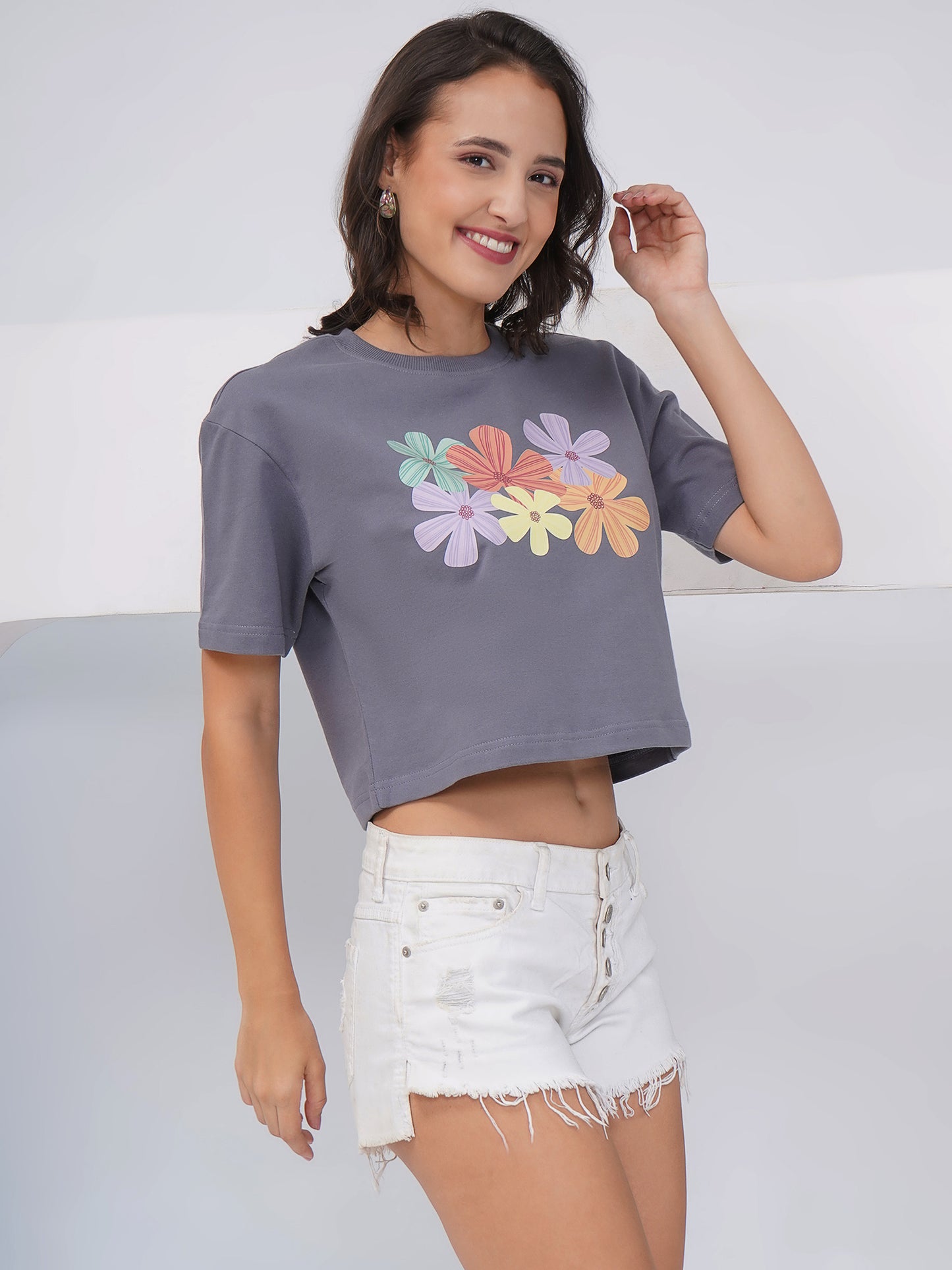 Grey Oversized Multicolor Floral Graphic Crop Top- KWCT006