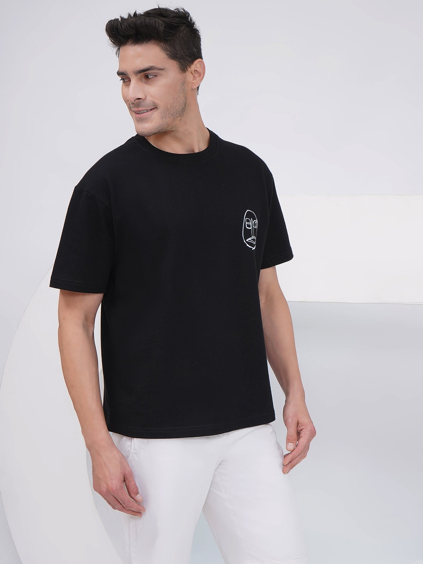 Black Abstract Faces Graphic Oversized T-Shirt-KMOT003