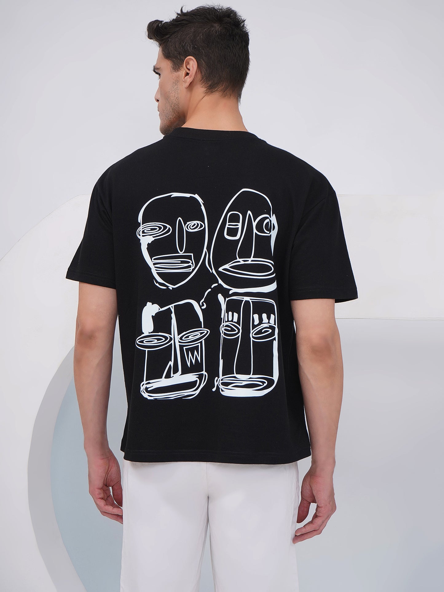 Black Abstract Faces Graphic Oversized T-Shirt-KMOT003