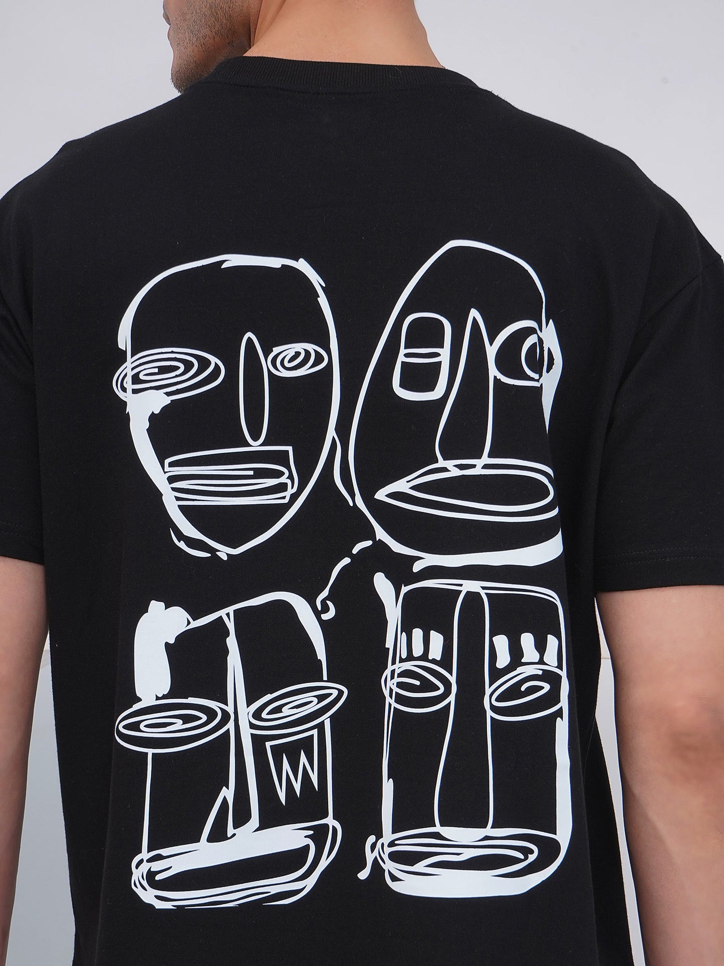 Black Abstract Faces Graphic Oversized T-Shirt-KMOT003