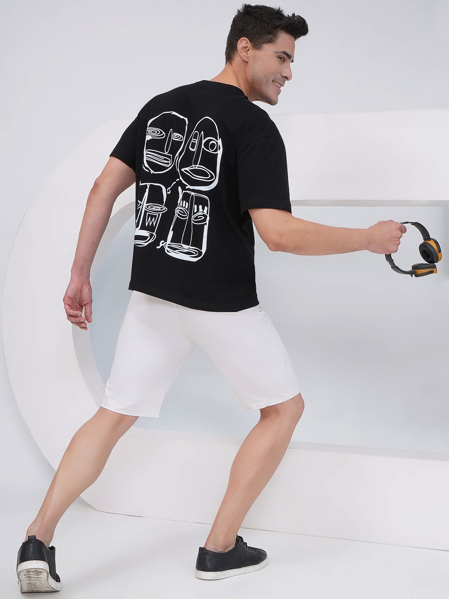 Black Abstract Faces Graphic Oversized T-Shirt-KMOT003