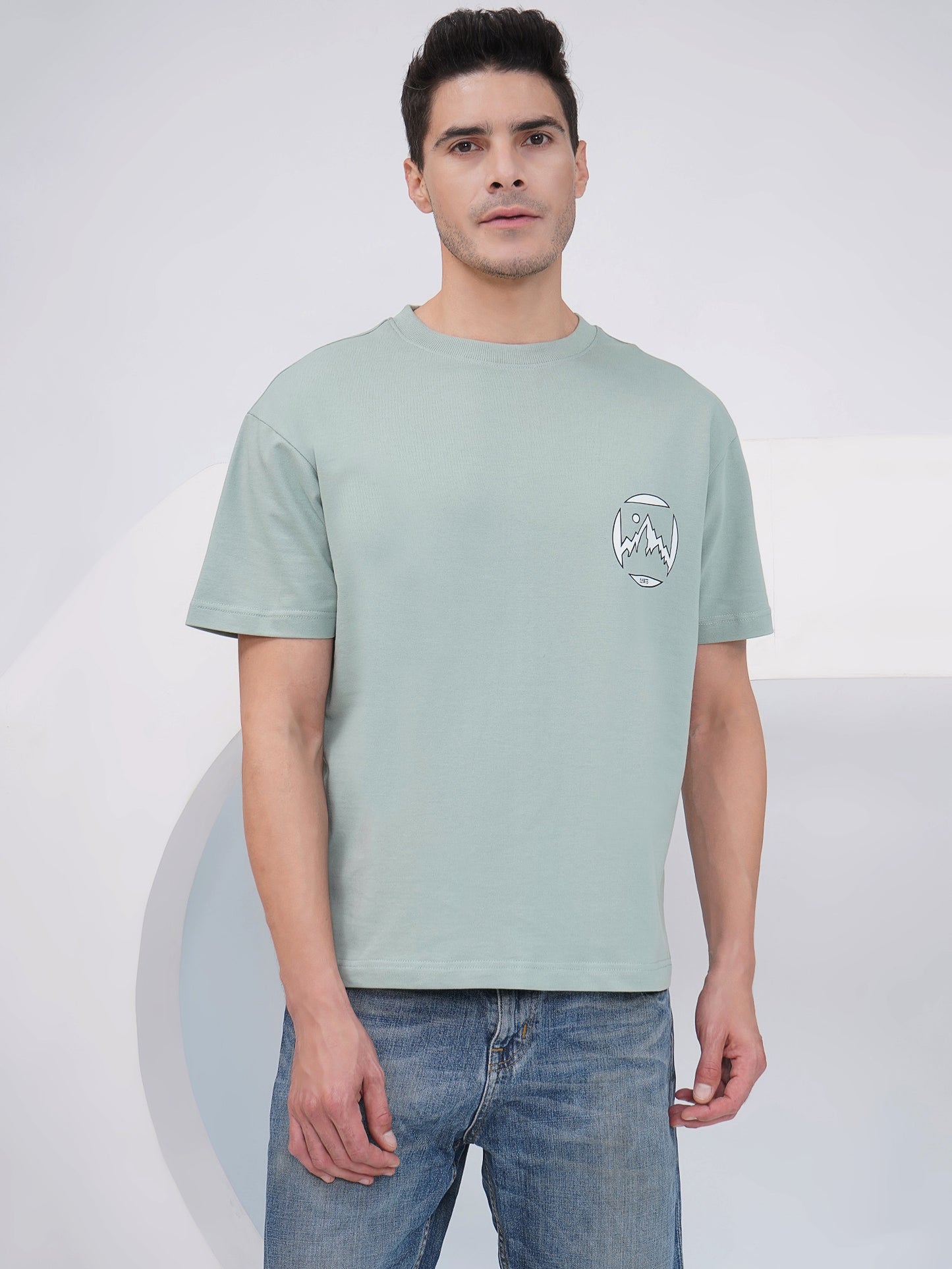 Sage Green Men’s Oversized Mountain Graphic T-Shirt- KMOT007