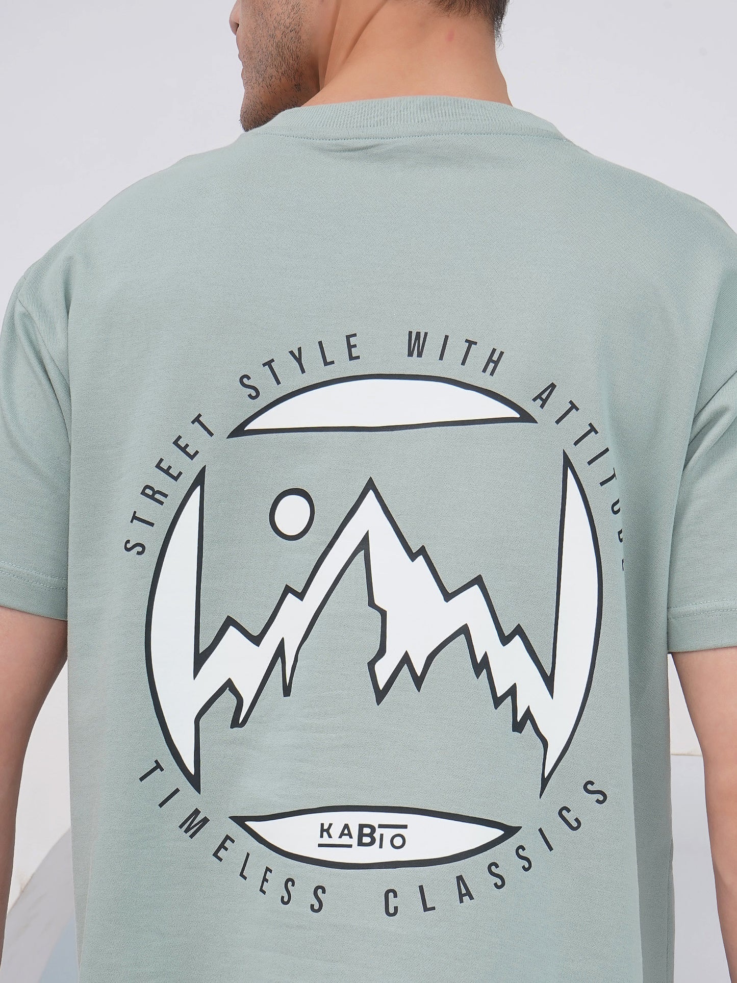 Sage Green Men’s Oversized Mountain Graphic T-Shirt- KMOT007