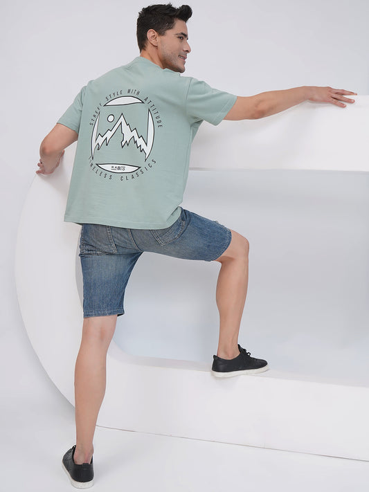 Sage Green Men’s Oversized Mountain Graphic T-Shirt- KMOT007