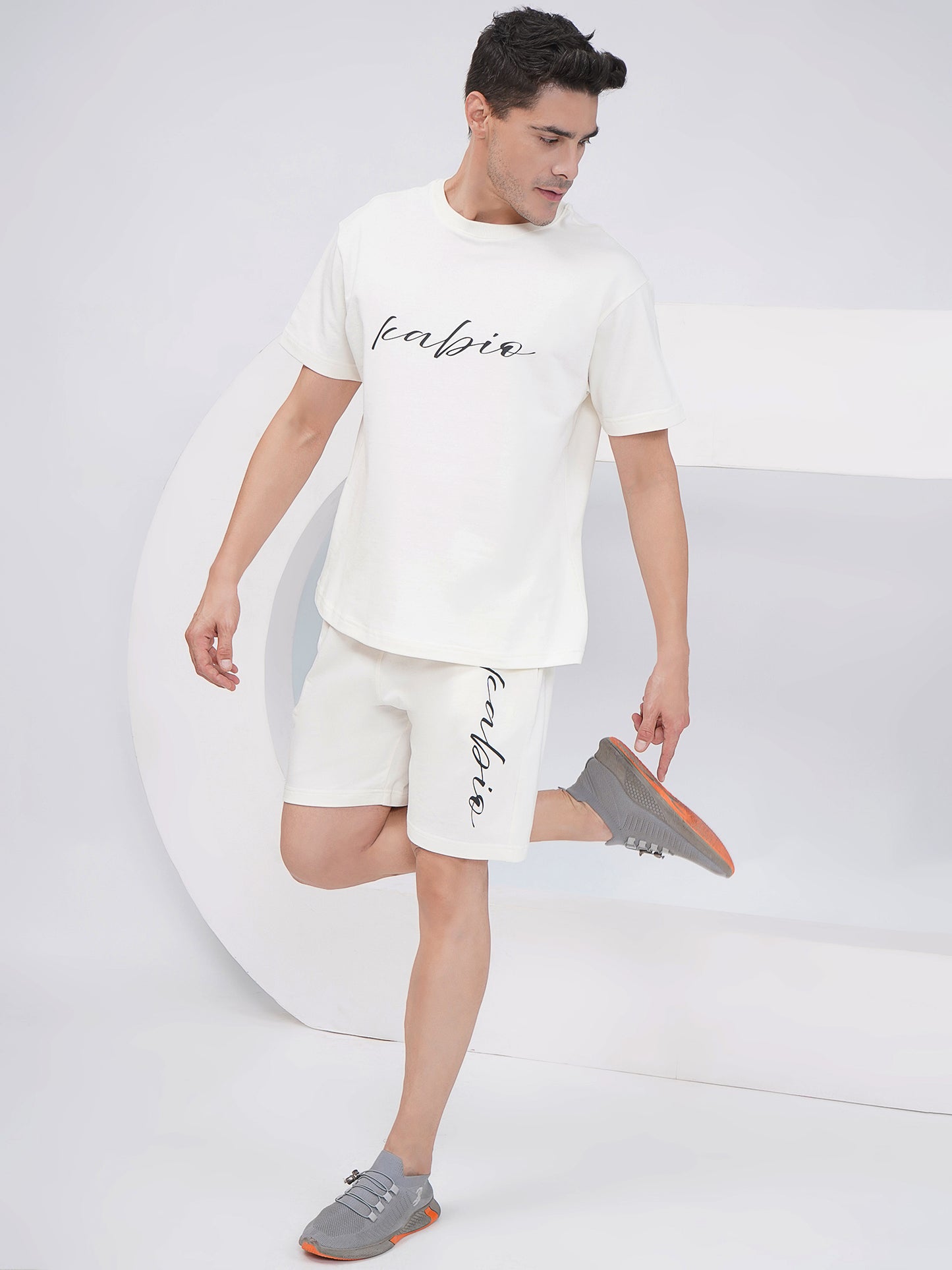 Men’s Off White Cotton Co-Ord Set with Script Print-KMCS001