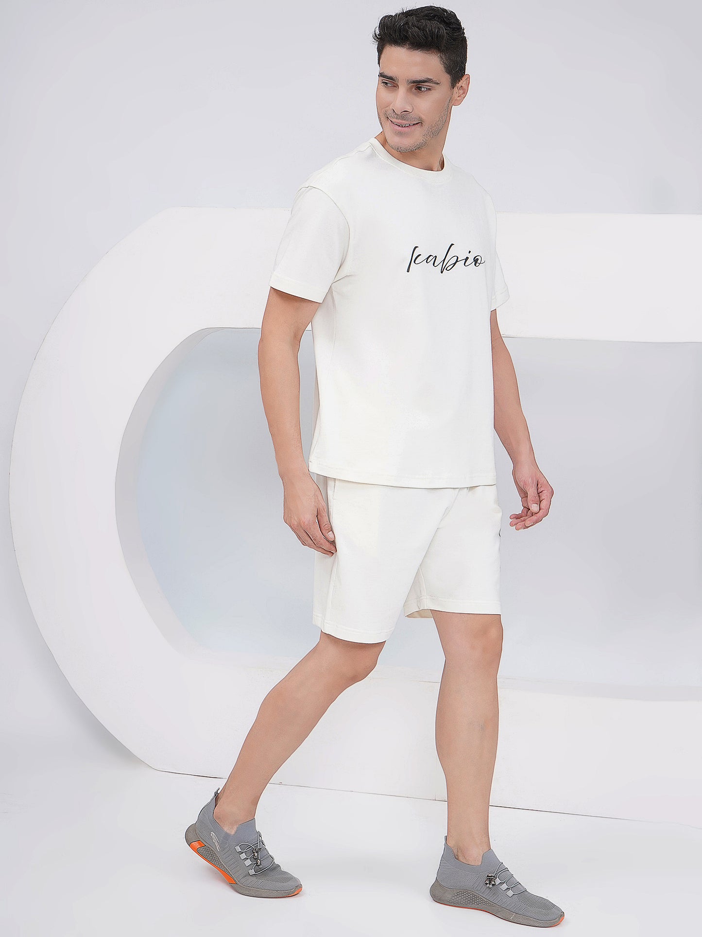 Men’s Off White Cotton Co-Ord Set with Script Print-KMCS001