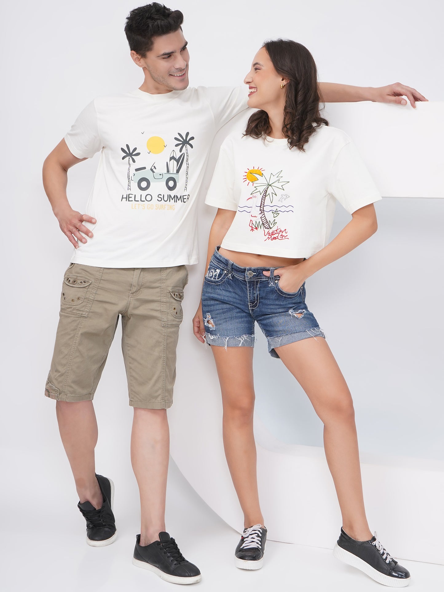Hello Summer Off-White Cotton Couple Tees-KD002
