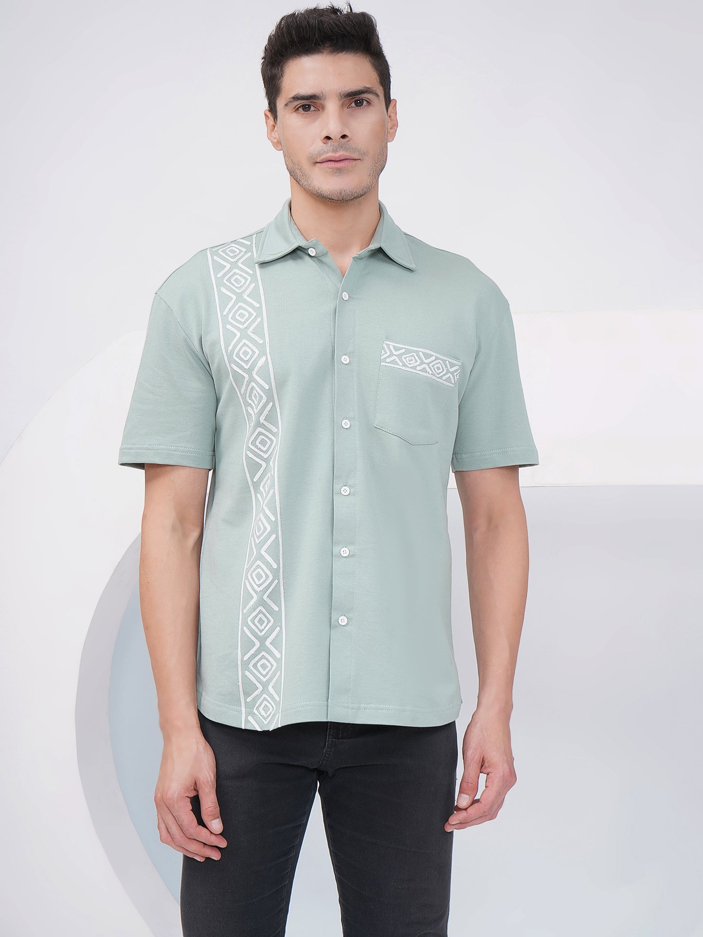 Sage Green Relaxed Fit Geometric Embroidered Cotton Shirt- KMS006