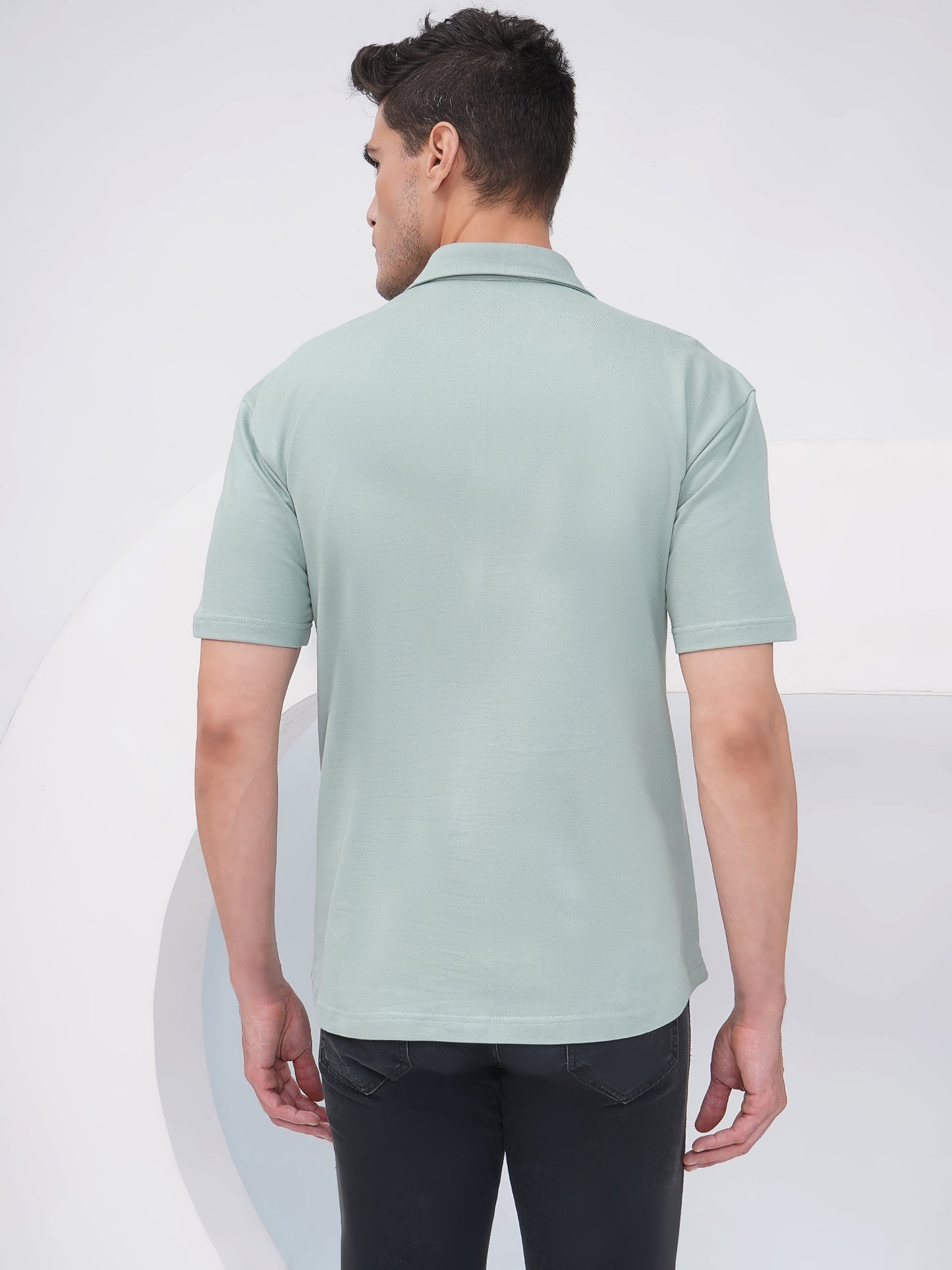 Sage Green Relaxed Fit Geometric Embroidered Cotton Shirt- KMS006