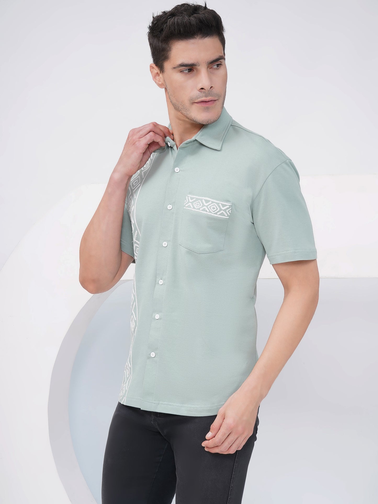 Sage Green Relaxed Fit Geometric Embroidered Cotton Shirt- KMS006
