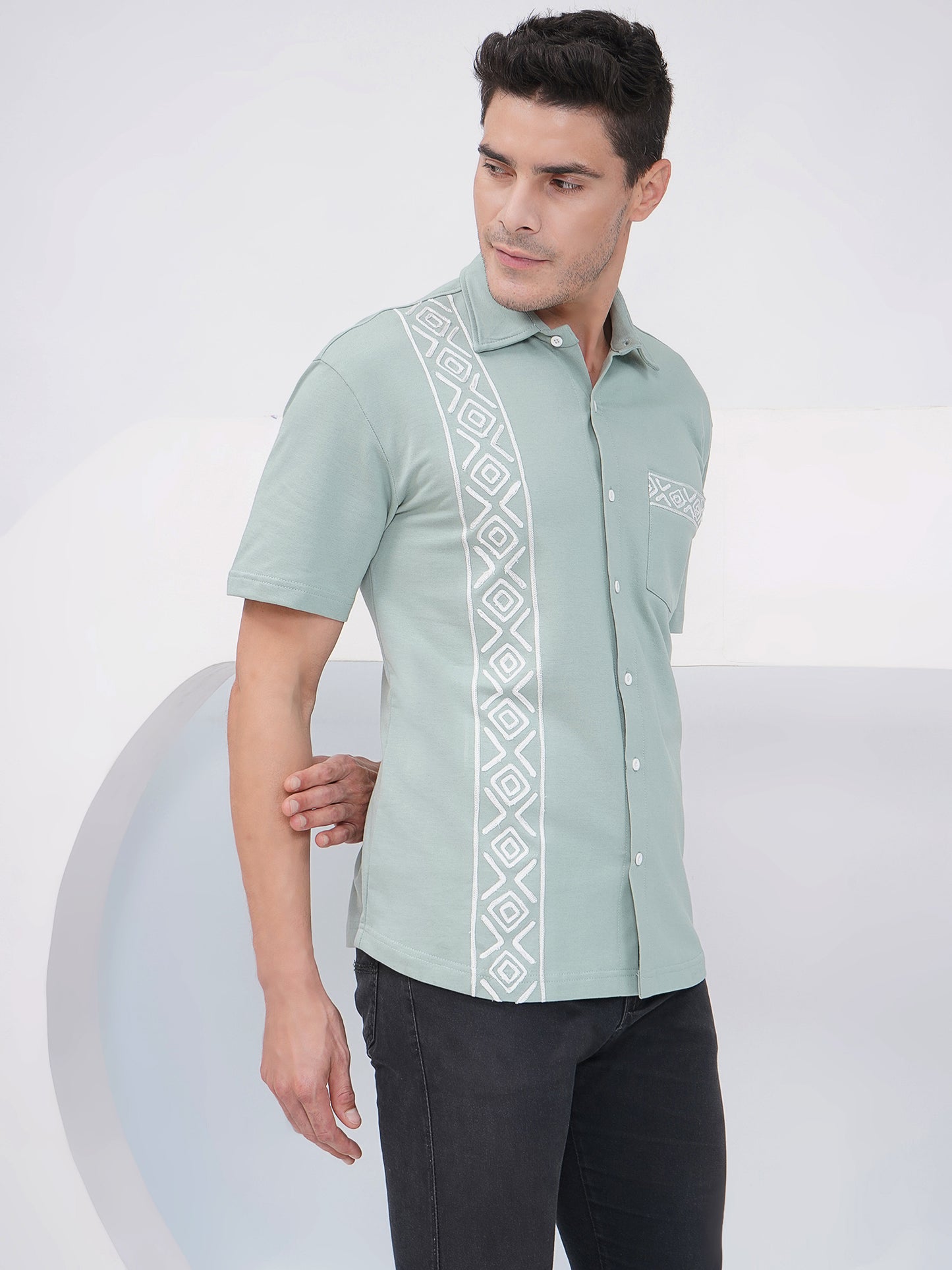 Sage Green Relaxed Fit Geometric Embroidered Cotton Shirt- KMS006