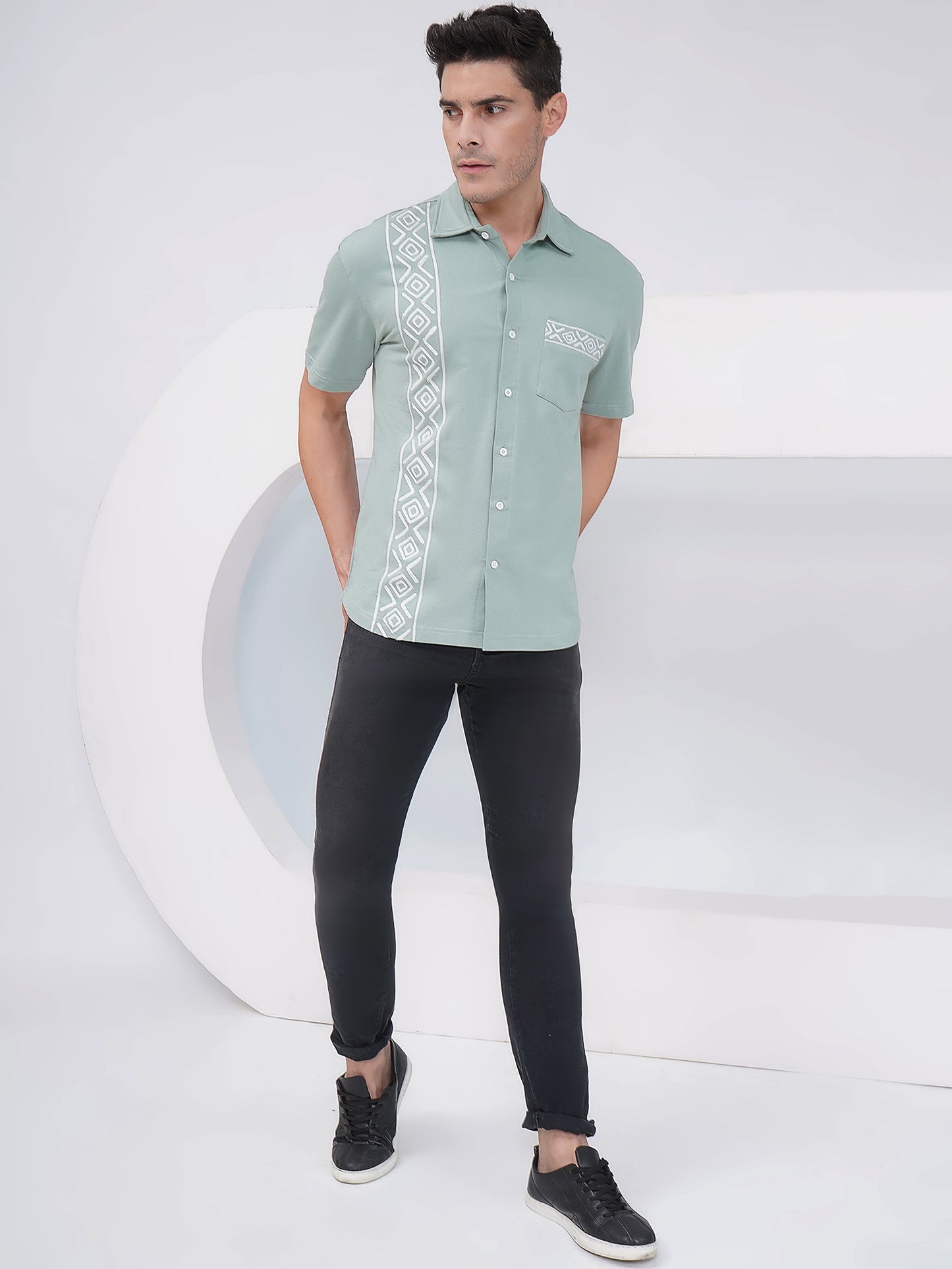 Sage Green Relaxed Fit Geometric Embroidered Cotton Shirt- KMS006