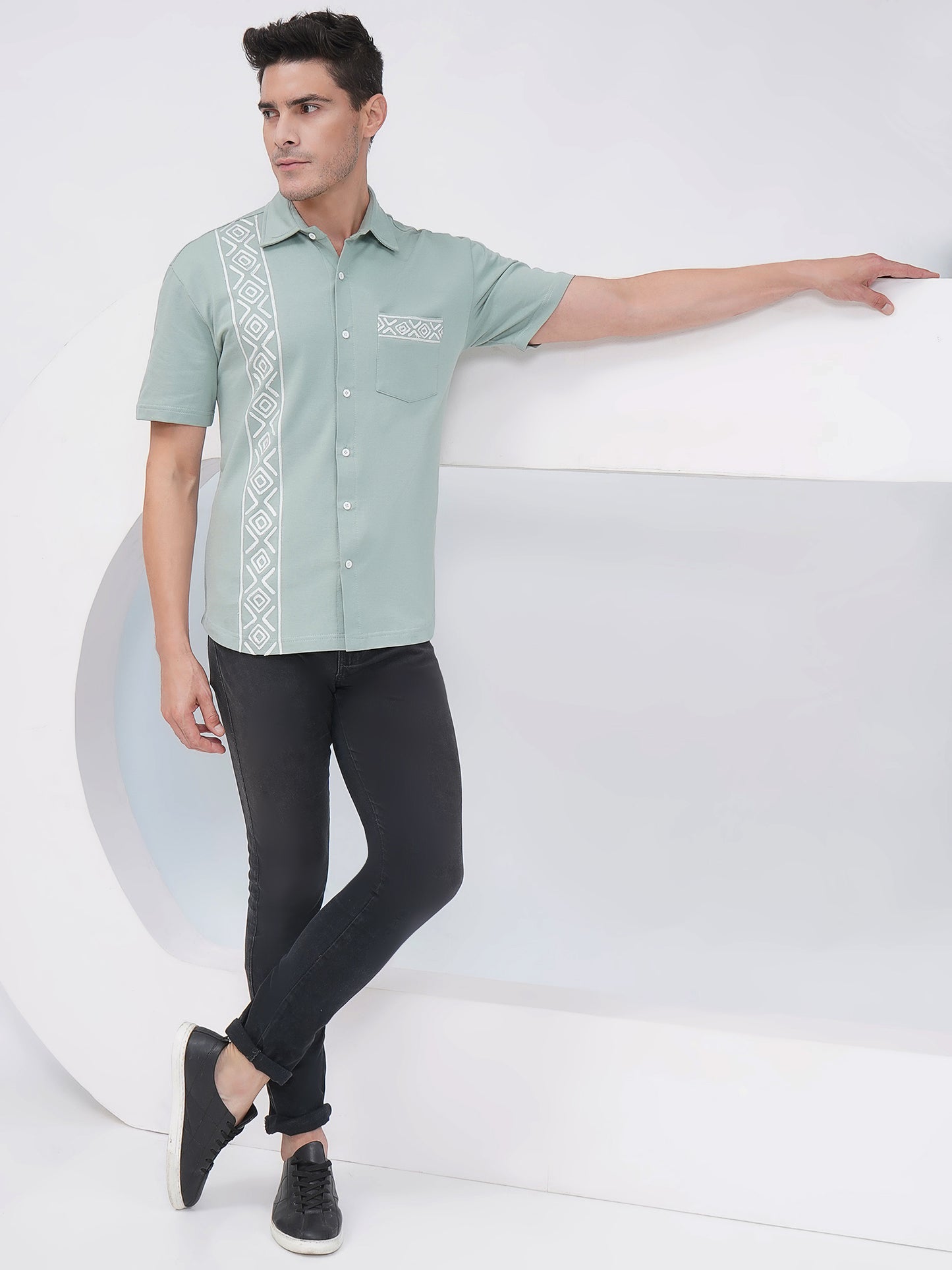 Sage Green Relaxed Fit Geometric Embroidered Cotton Shirt- KMS006