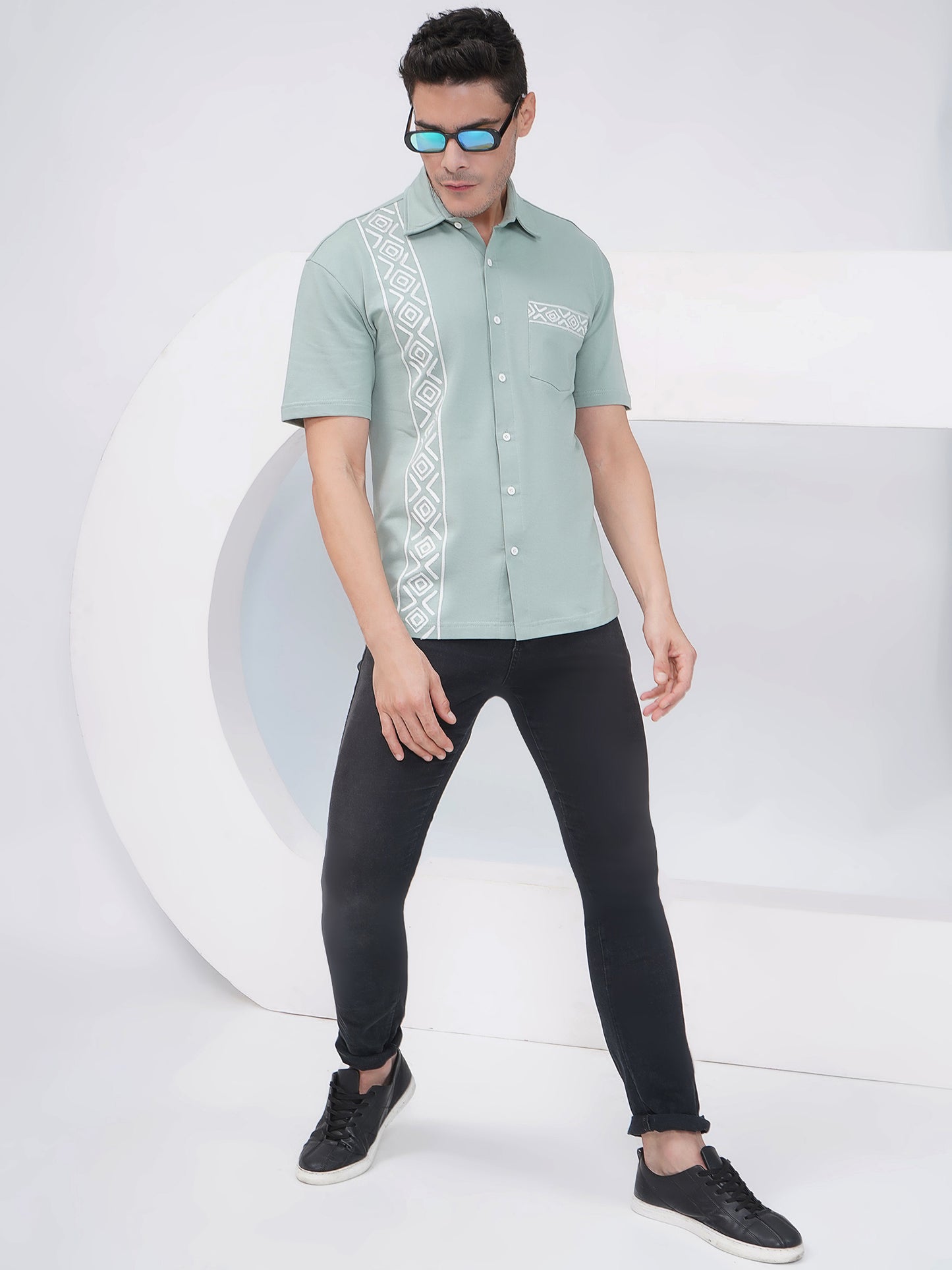Sage Green Relaxed Fit Geometric Embroidered Cotton Shirt- KMS006