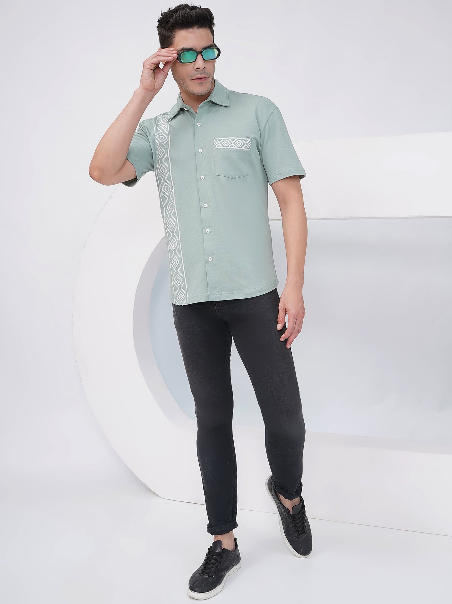 Sage Green Relaxed Fit Geometric Embroidered Cotton Shirt- KMS006