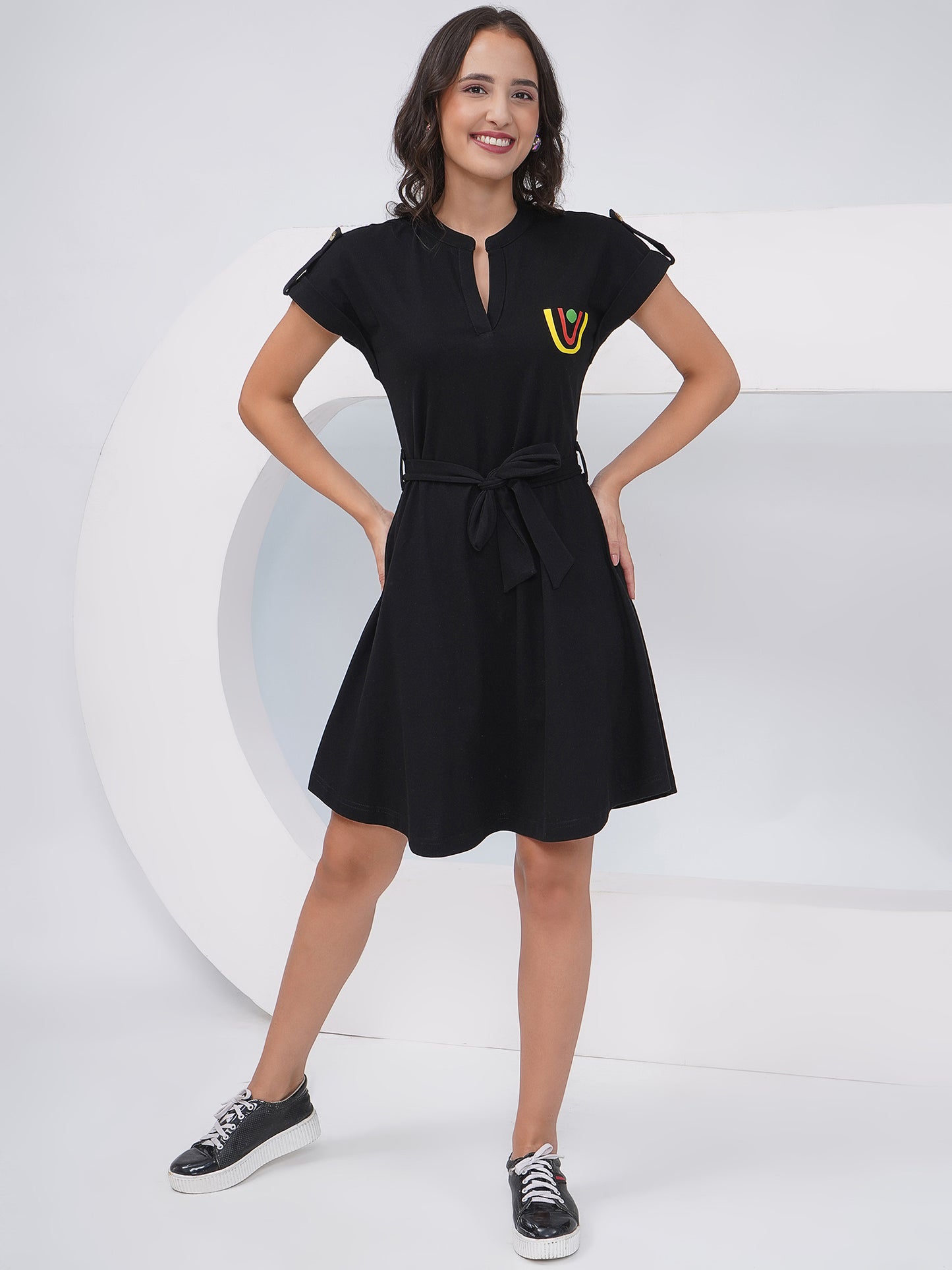 Black Belted Short Sleeve A-Line Dress – KWD002