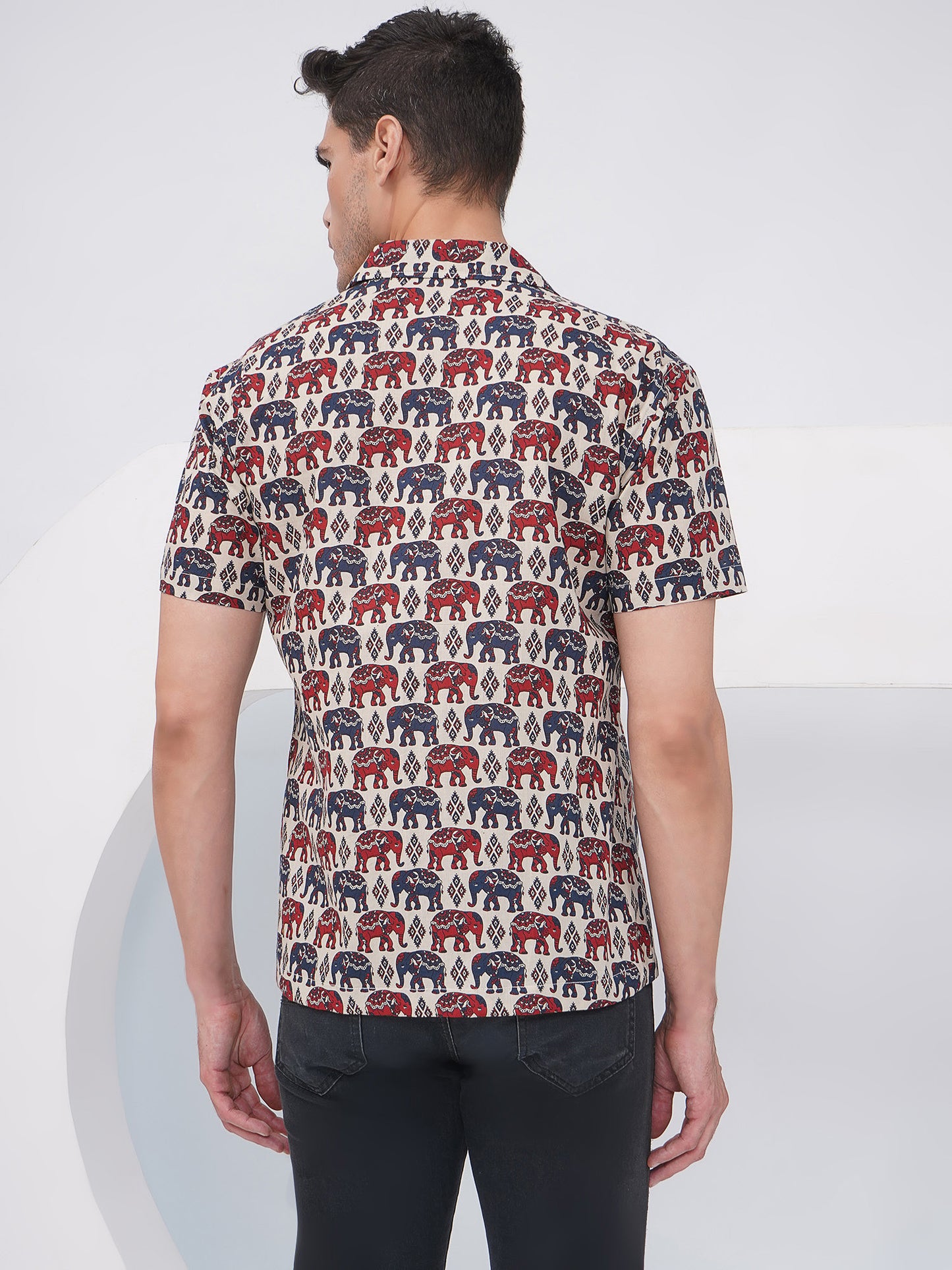 Beige Multicolor Relaxed Fit Elephant Print Casual Shirt- KMS001