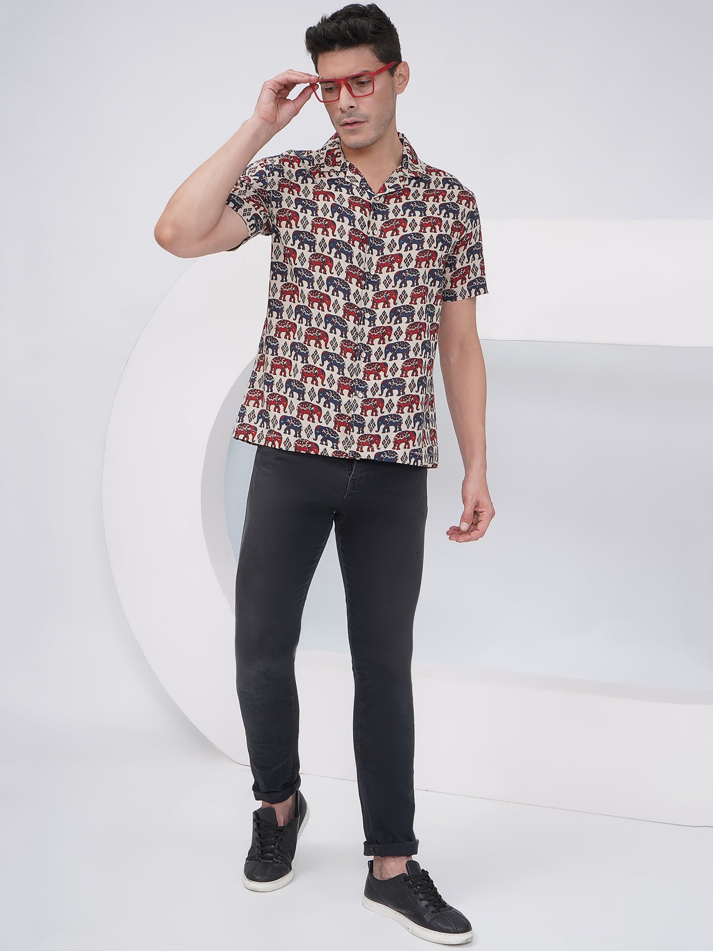 Beige Multicolor Relaxed Fit Elephant Print Casual Shirt- KMS001