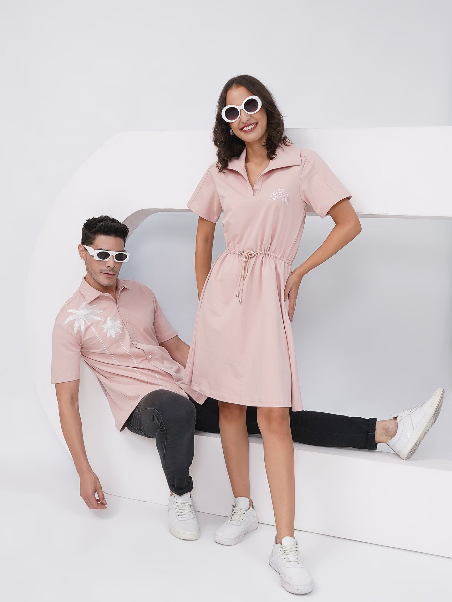 Pink Couple Coord Set – Men's Embroidered Shirt & Women's Drawstring Dress-KD004