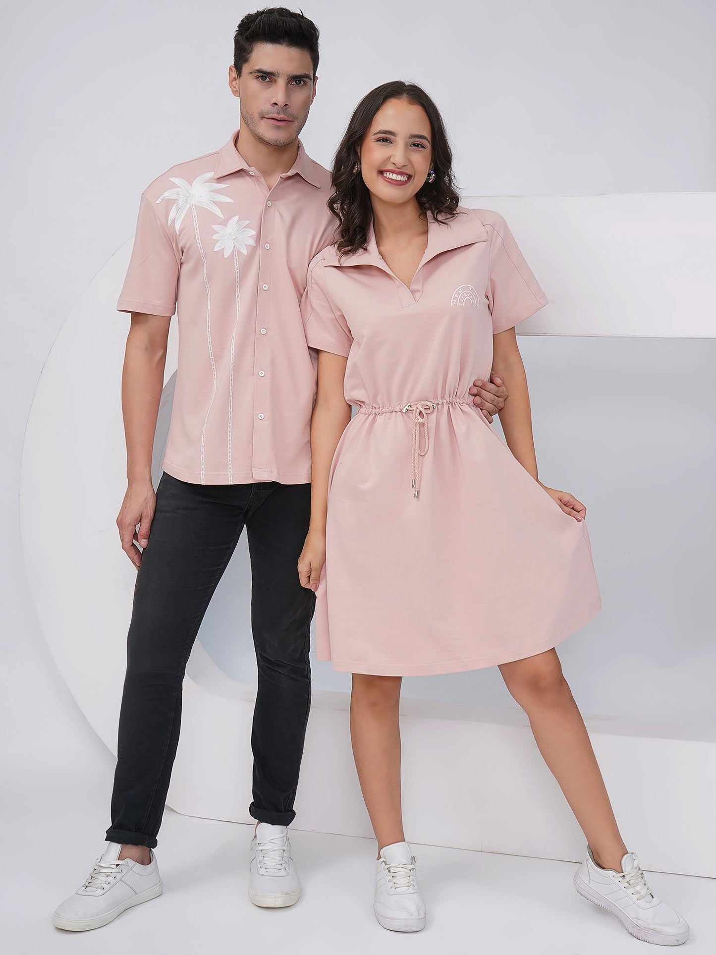 Pink Couple Coord Set – Men's Embroidered Shirt & Women's Drawstring Dress-KD004