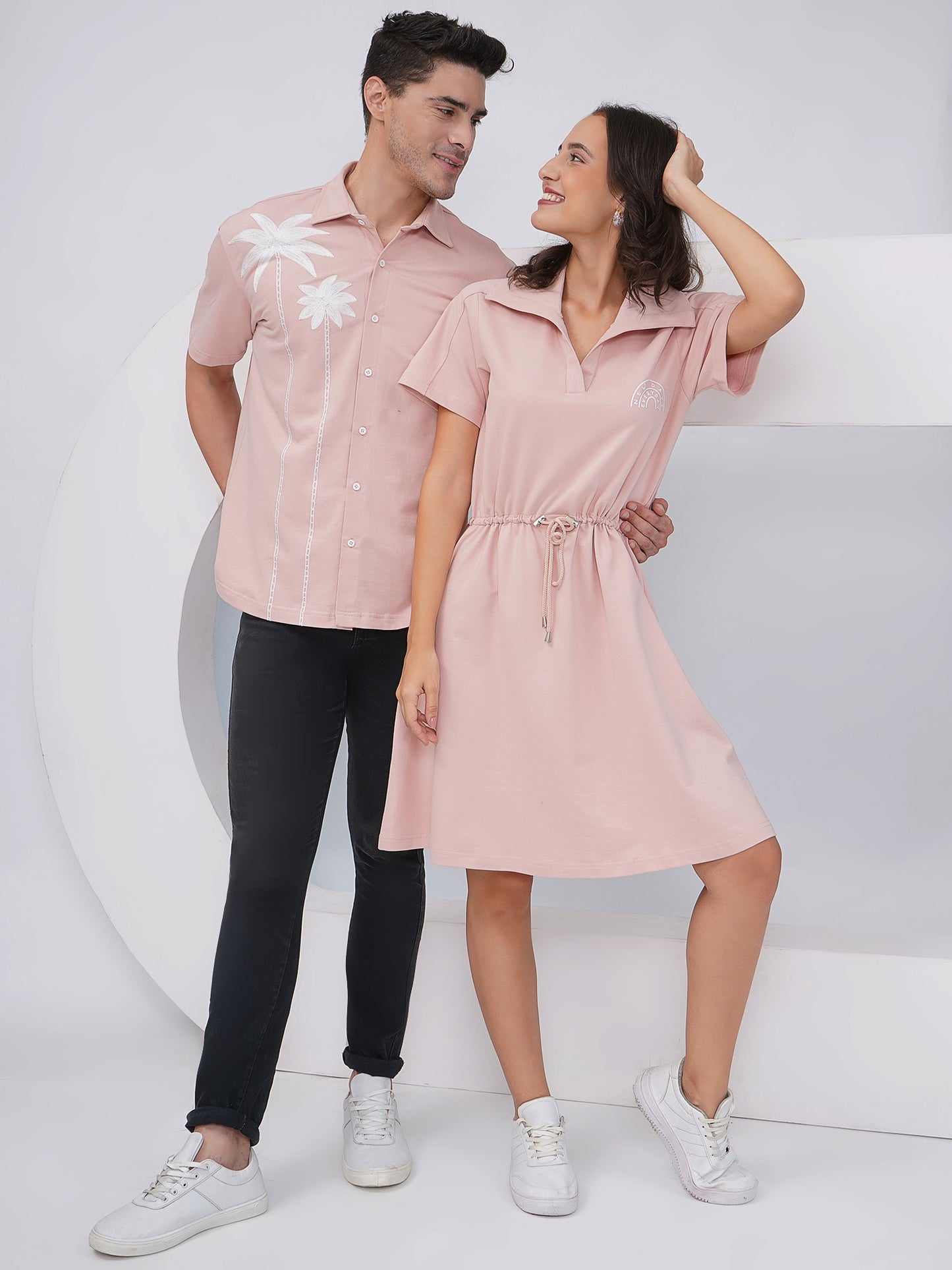 Pink Couple Coord Set – Men's Embroidered Shirt & Women's Drawstring Dress-KD004