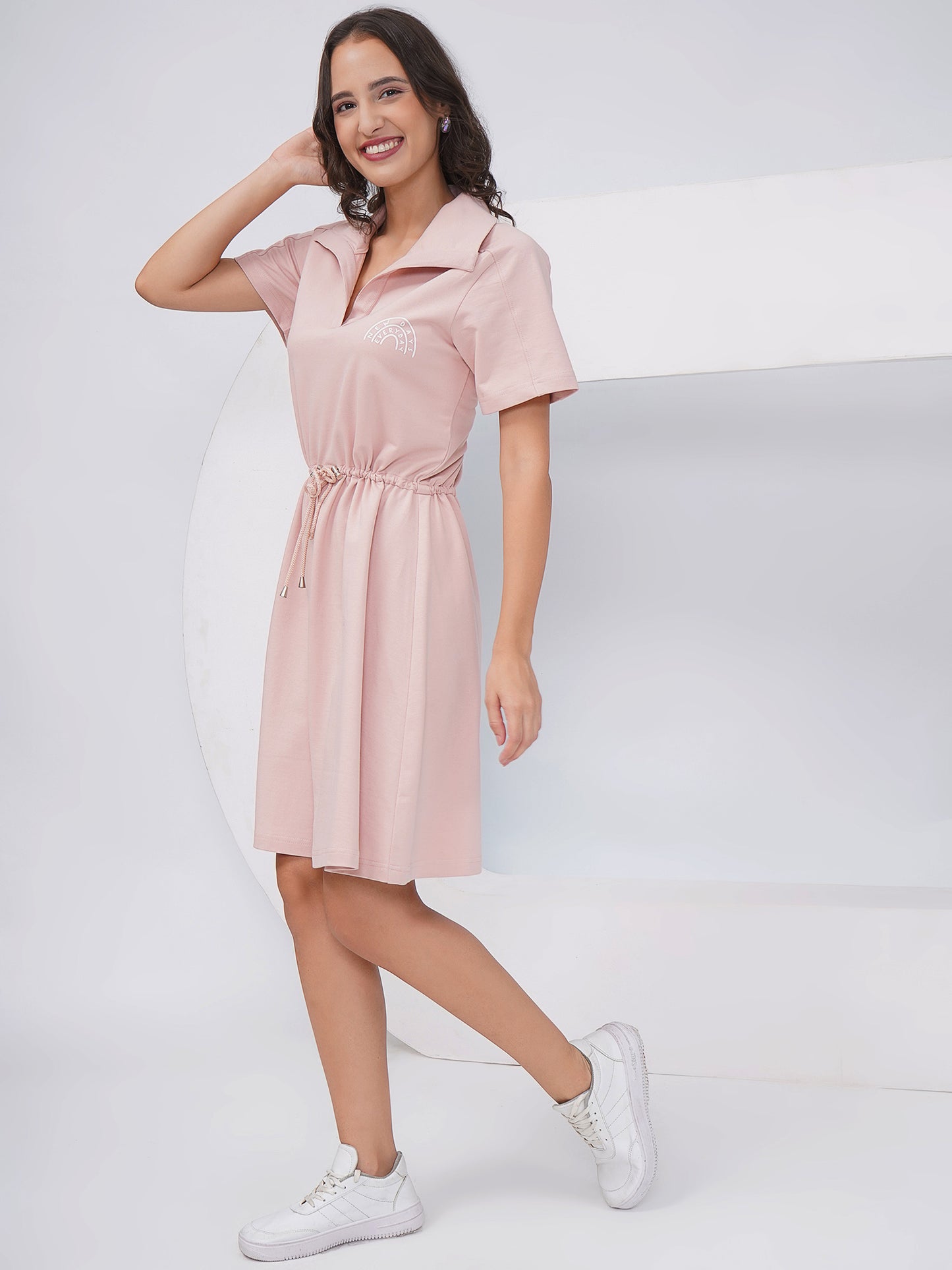 Blush Pink Drawstring Waist Polo Collar Dress – KWD003