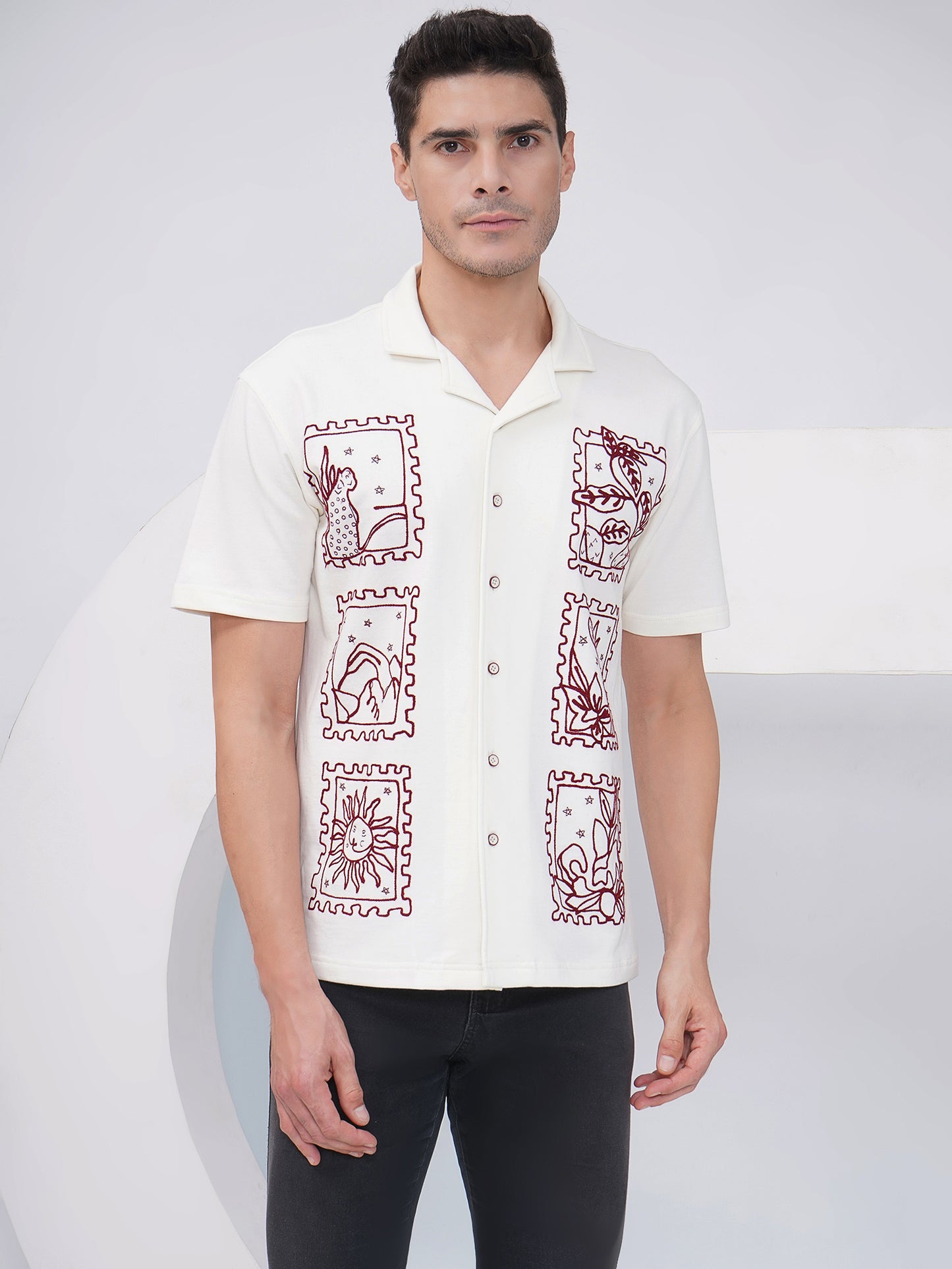 Off White Relaxed Fit Embroidered Cotton Shirt- KMS004