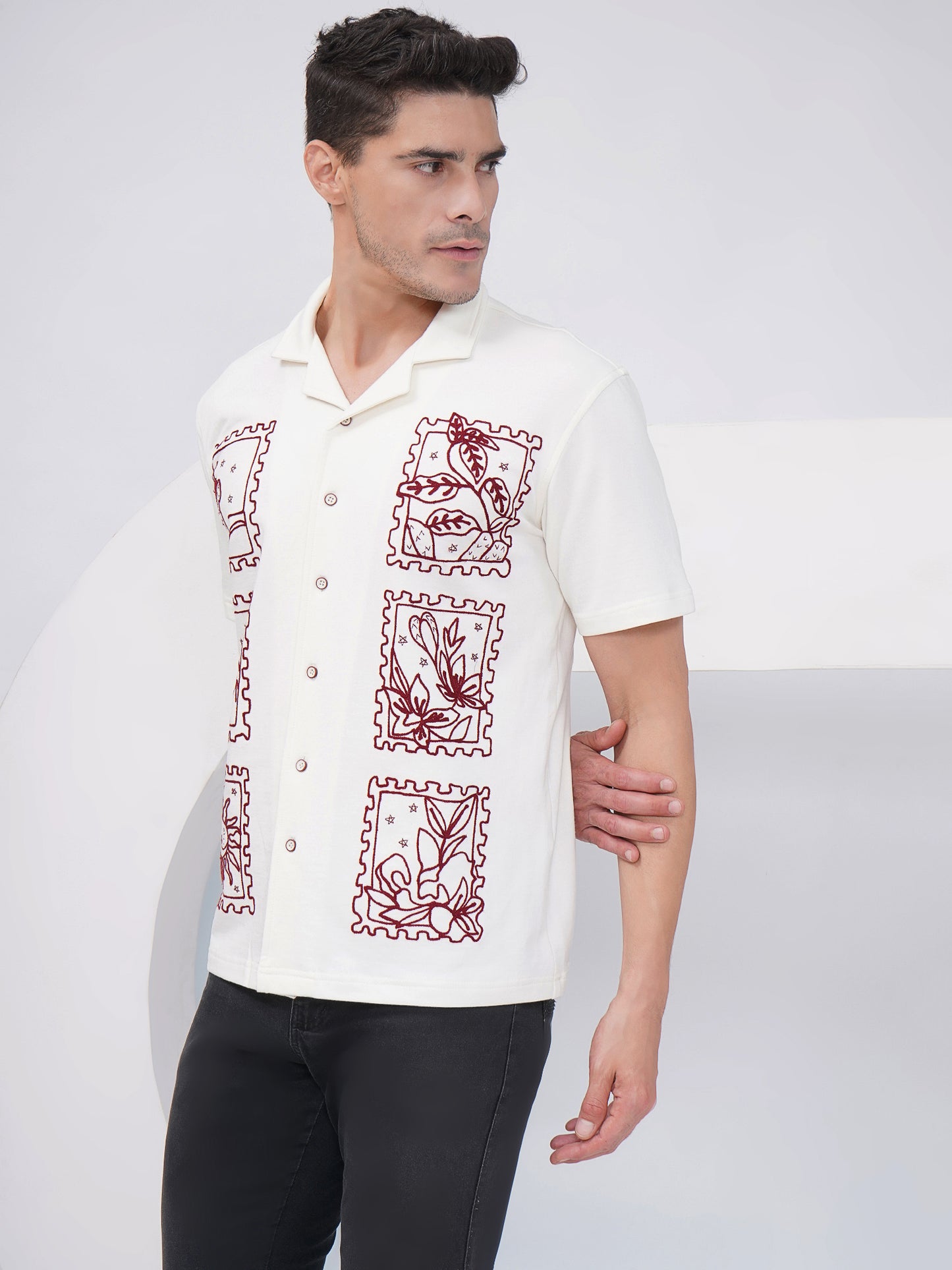 Off White Relaxed Fit Embroidered Cotton Shirt- KMS004