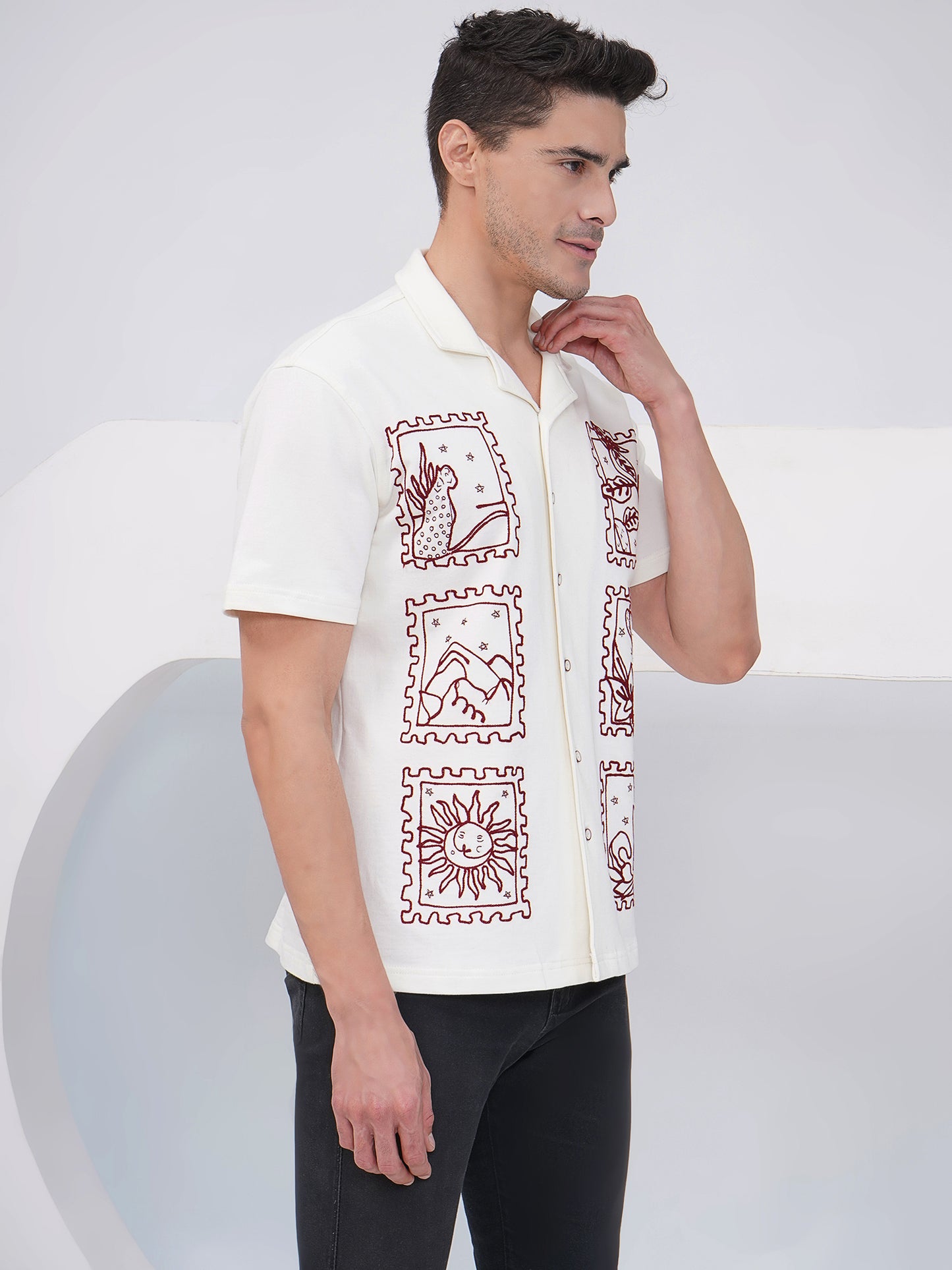 Off White Relaxed Fit Embroidered Cotton Shirt- KMS004