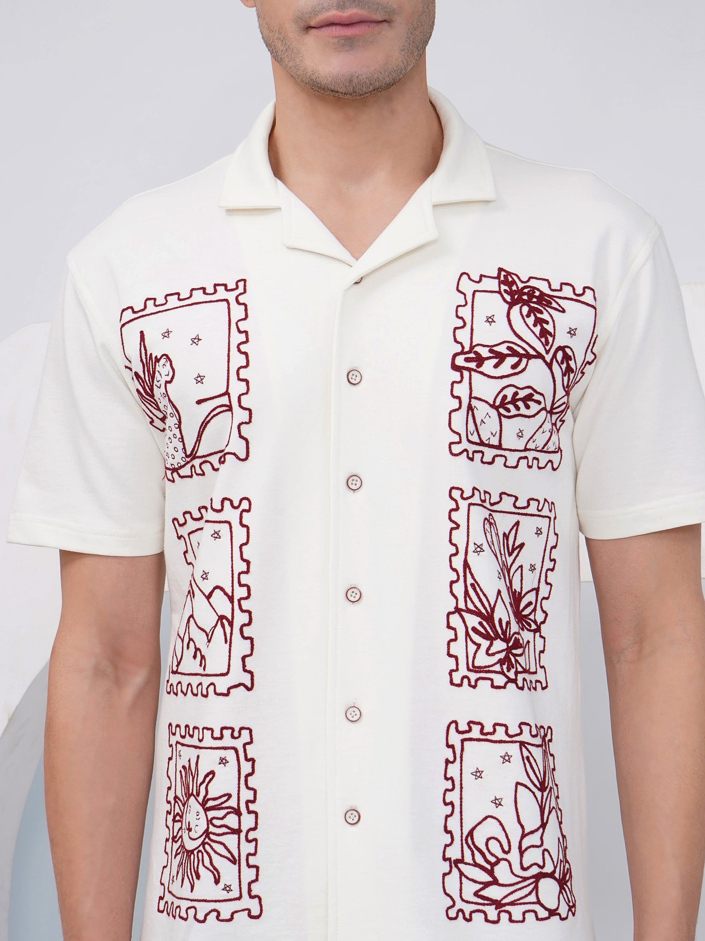 Off White Relaxed Fit Embroidered Cotton Shirt- KMS004