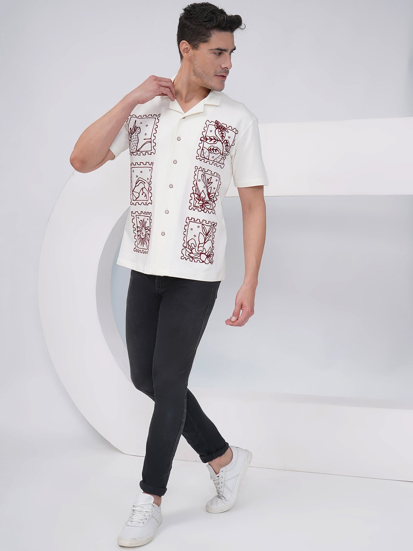 Off White Relaxed Fit Embroidered Cotton Shirt- KMS004