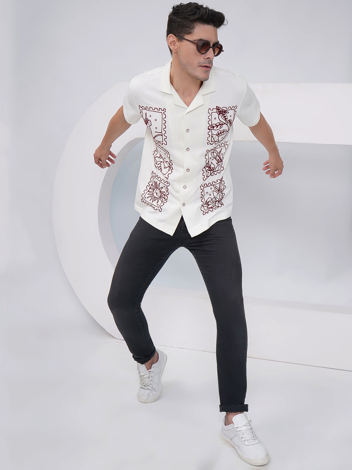 Off White Relaxed Fit Embroidered Cotton Shirt- KMS004