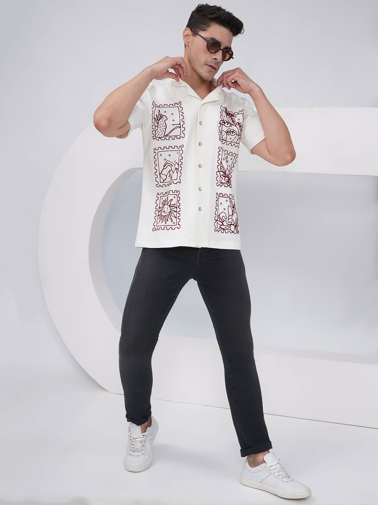 Off White Relaxed Fit Embroidered Cotton Shirt- KMS004