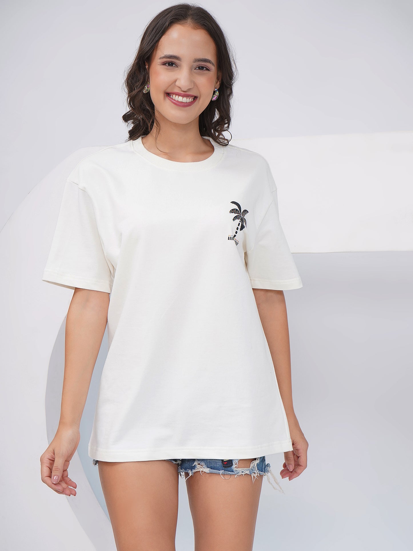Women's Off-White Tropical Graphic Printed Oversized T-Shirt-KWOT011