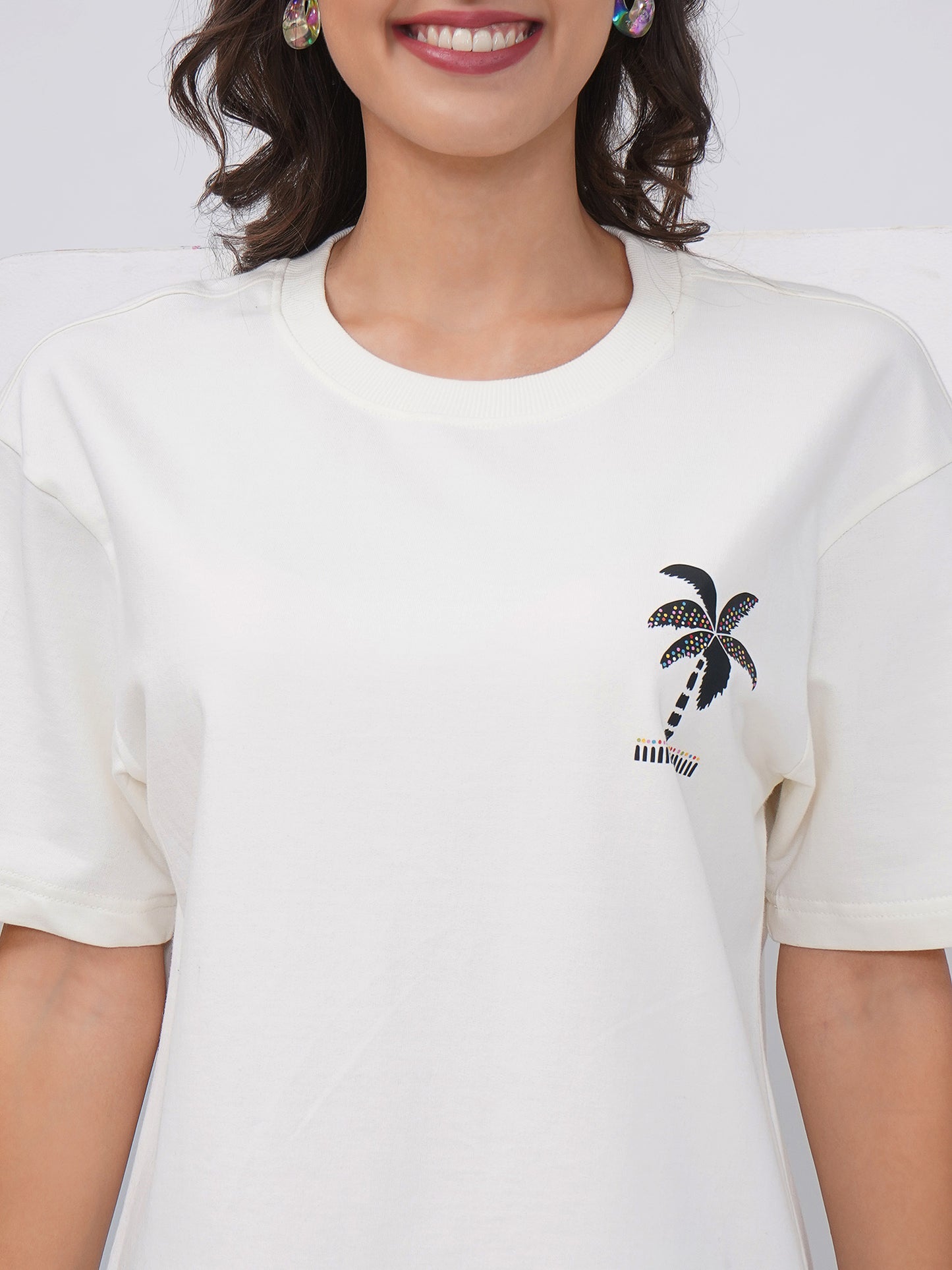 Women's Off-White Tropical Graphic Printed Oversized T-Shirt-KWOT011