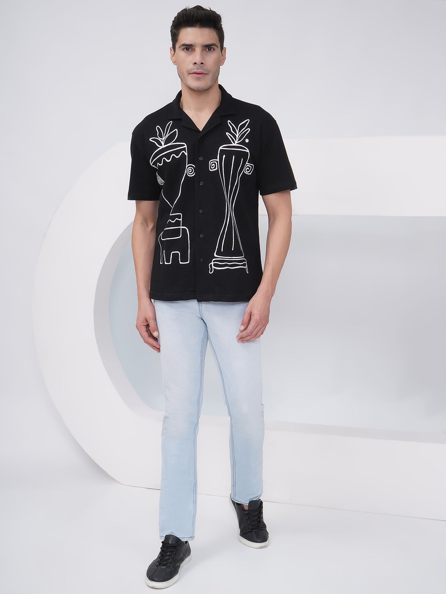 Black Relaxed Fit Embroidered Cotton Shirt-LMS003