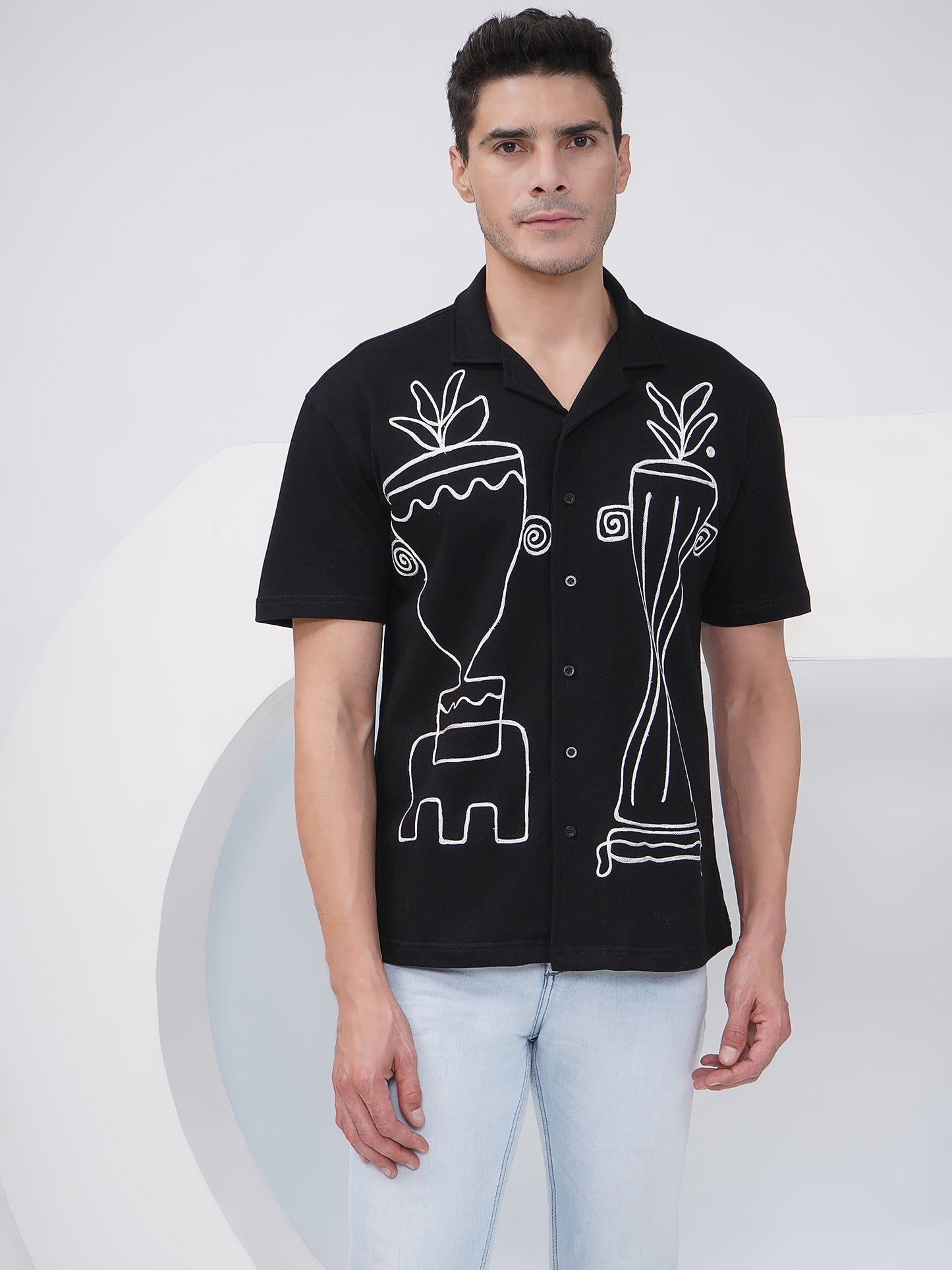 Black Relaxed Fit Embroidered Cotton Shirt-LMS003