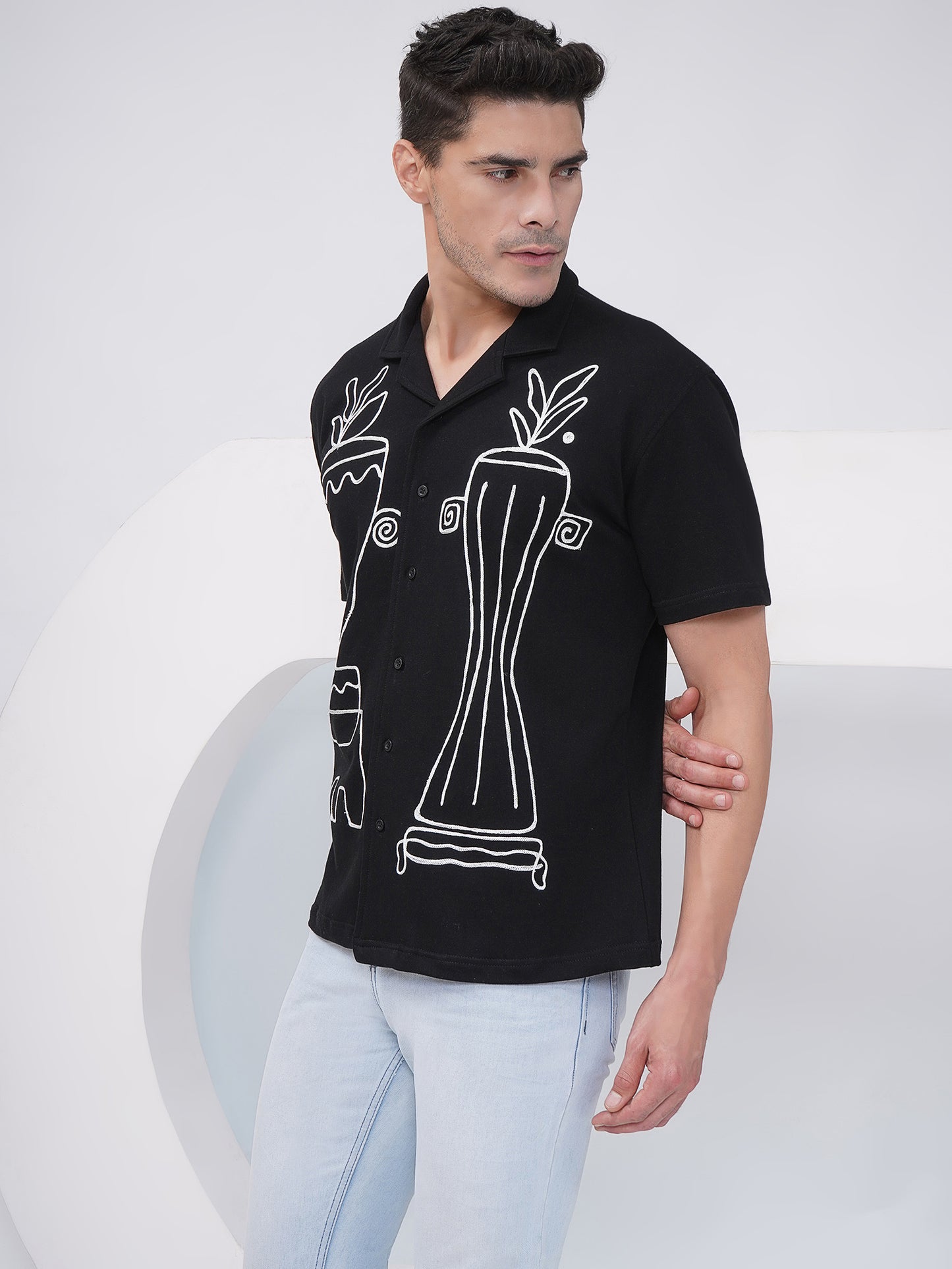 Black Relaxed Fit Embroidered Cotton Shirt-LMS003