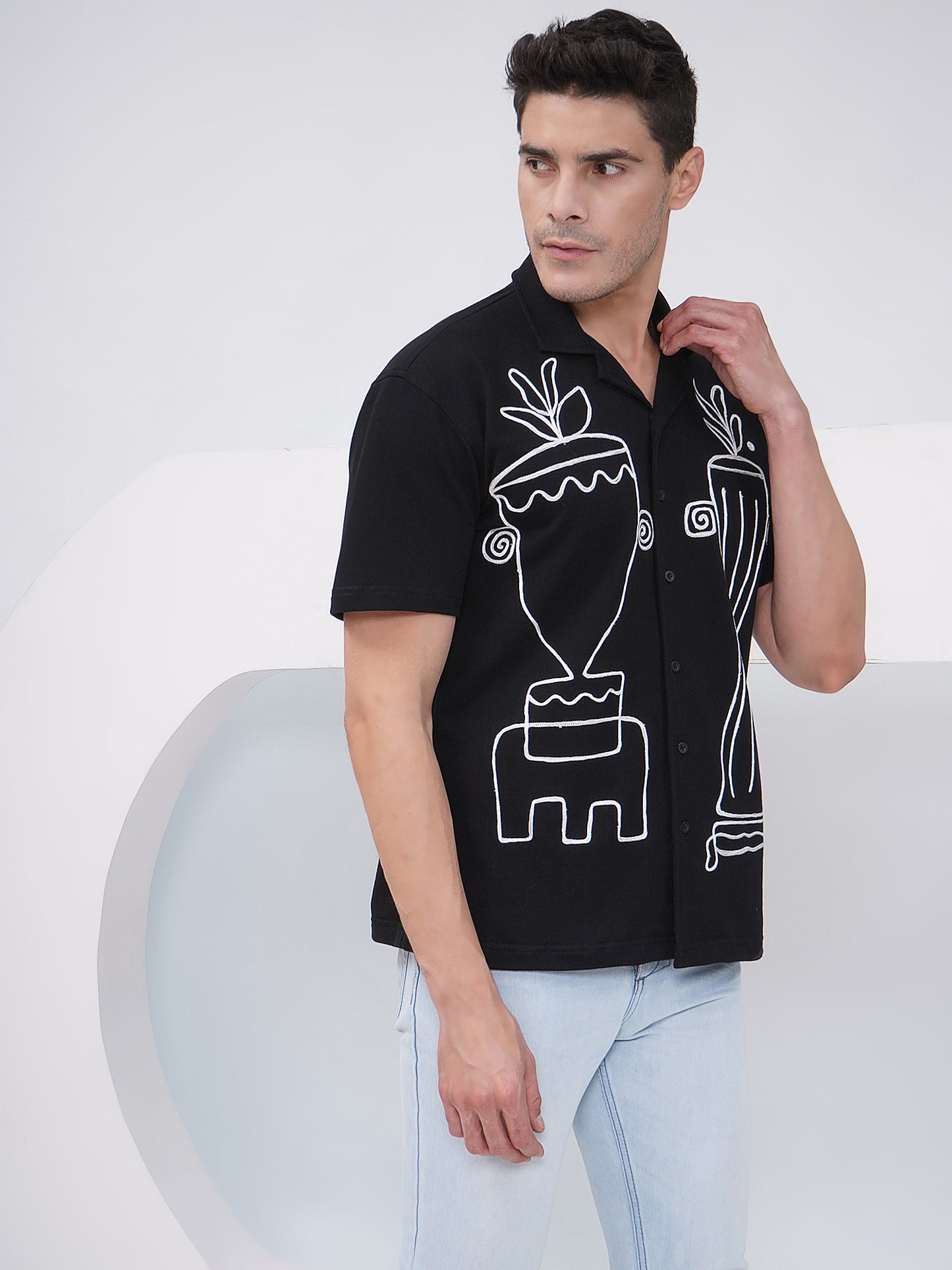 Black Relaxed Fit Embroidered Cotton Shirt-LMS003