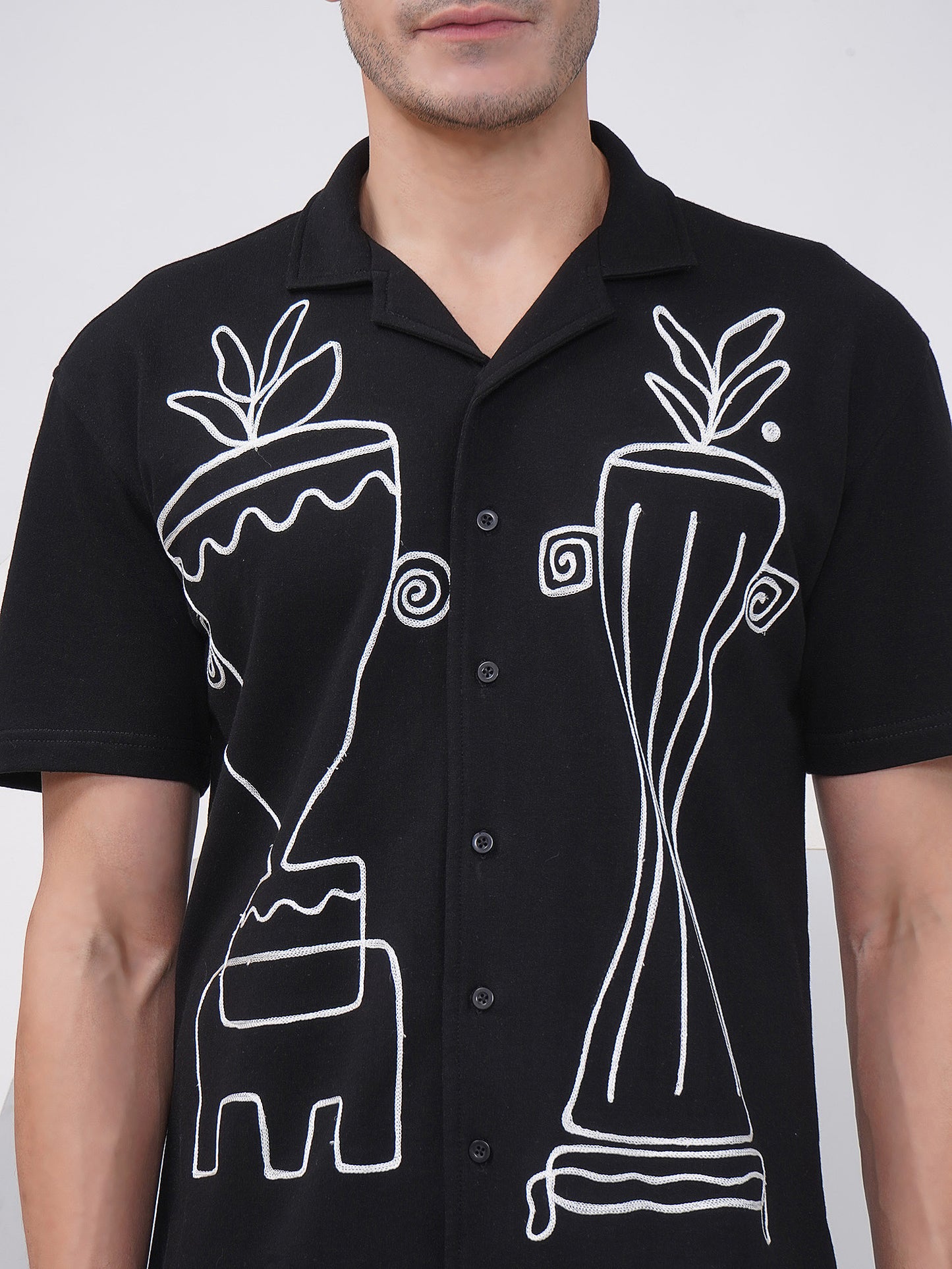 Black Relaxed Fit Embroidered Cotton Shirt-LMS003