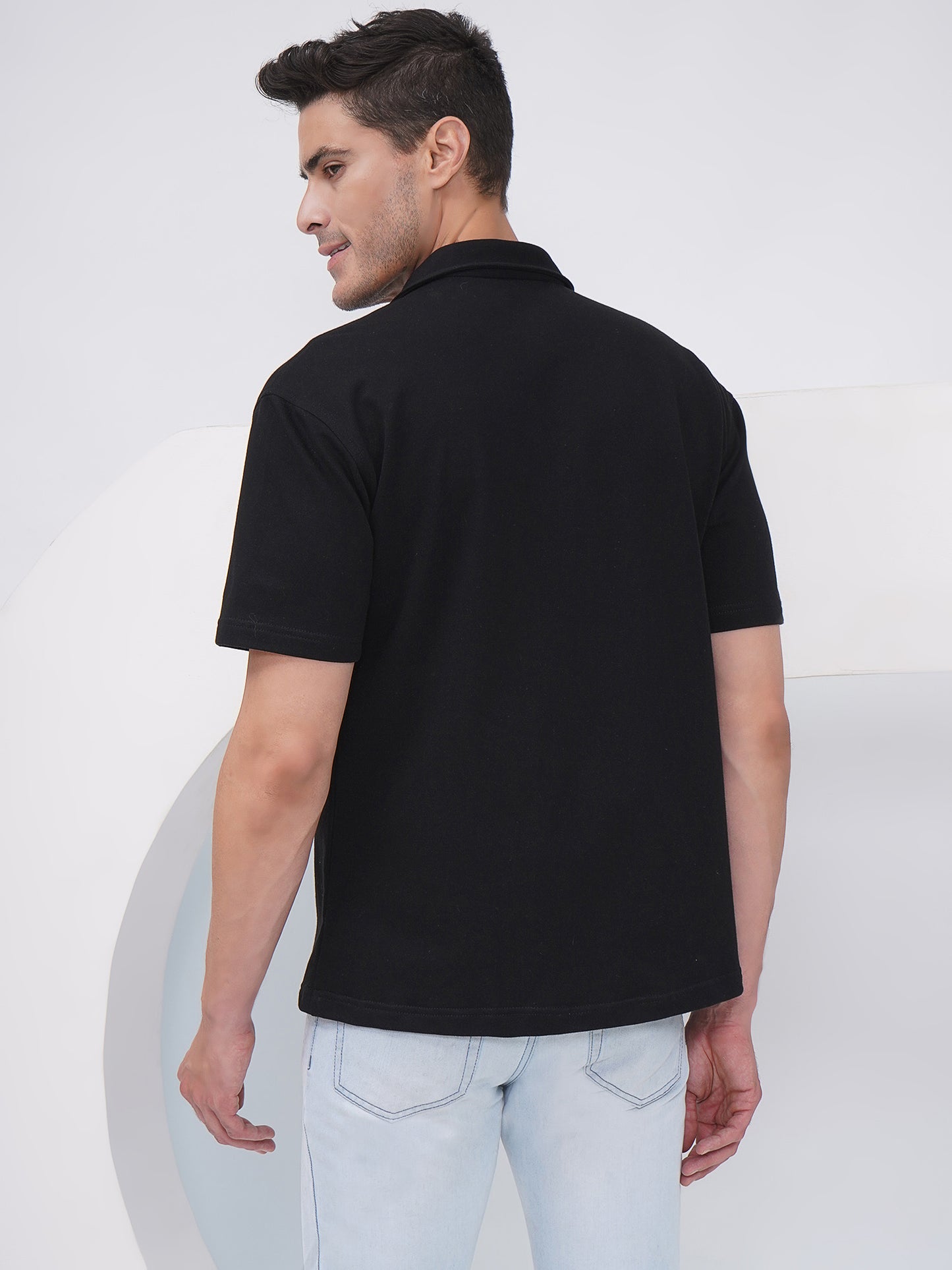 Black Relaxed Fit Embroidered Cotton Shirt-LMS003