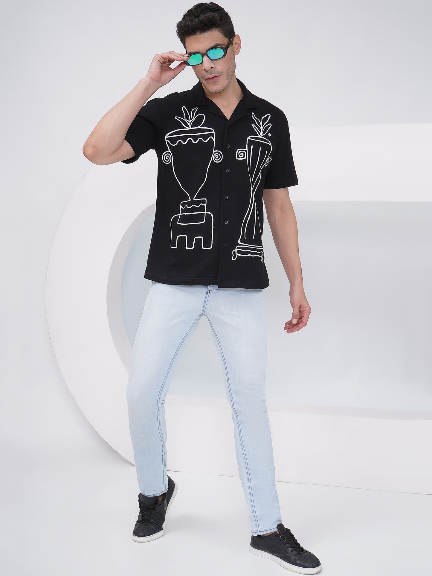 Black Relaxed Fit Embroidered Cotton Shirt-LMS003