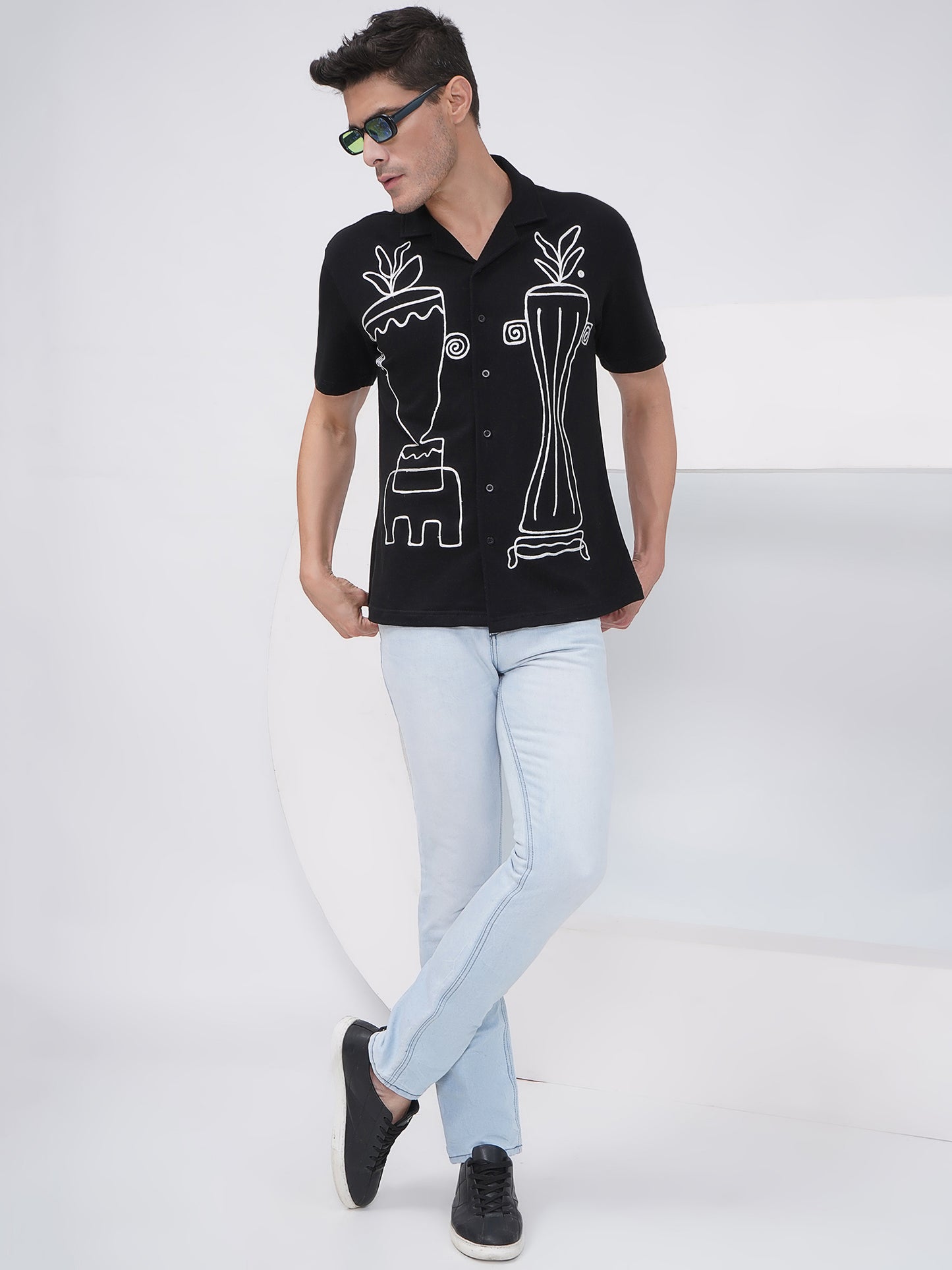 Black Relaxed Fit Embroidered Cotton Shirt-LMS003