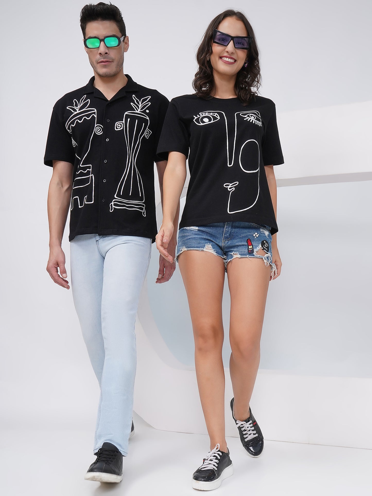 Couple Embroidered Black Set – Shirt & T-Shirt -KD006