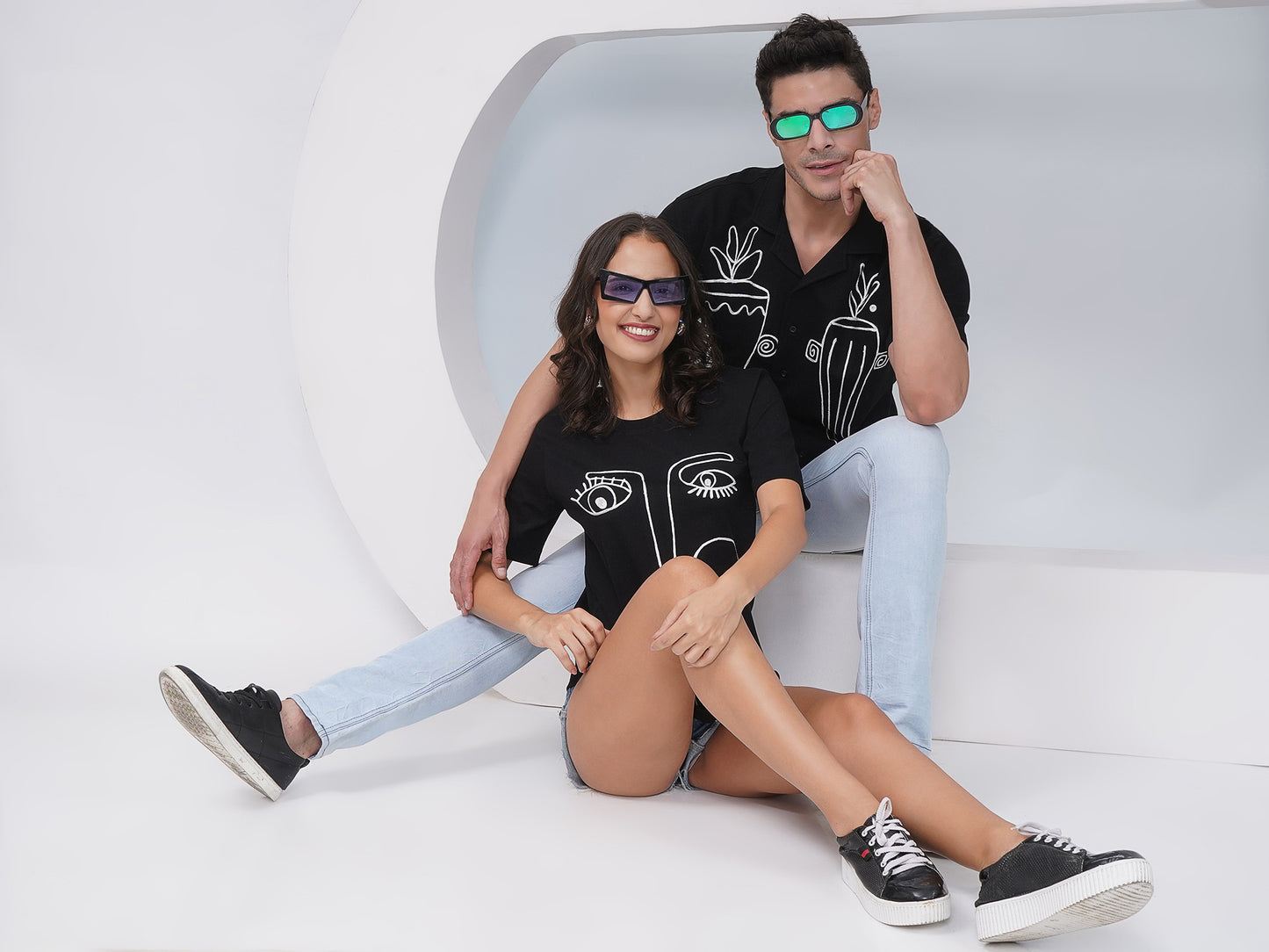 Couple Embroidered Black Set – Shirt & T-Shirt -KD006